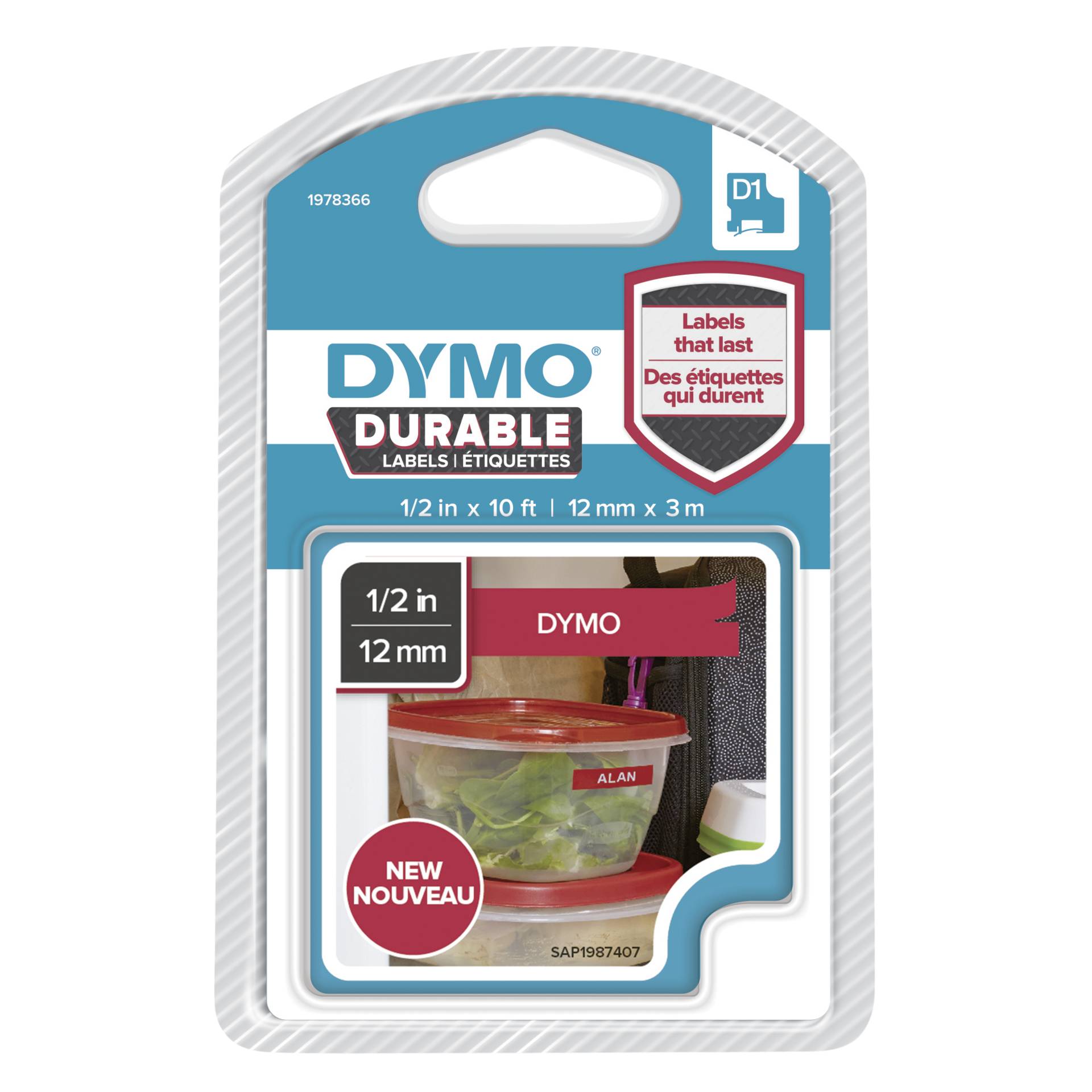 Dymo D1 nastro vinile High Perf. 12 mm x 3 m bianco su rosso