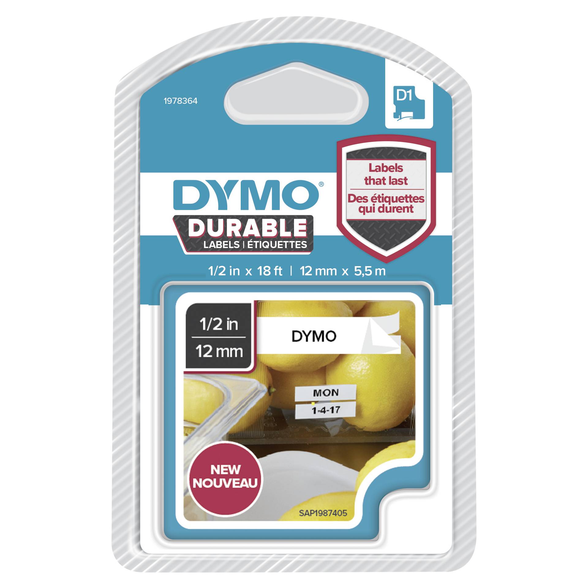 Dymo D1 nastro vinile High Perf. 12 mm x 5,5 m nero su bianc