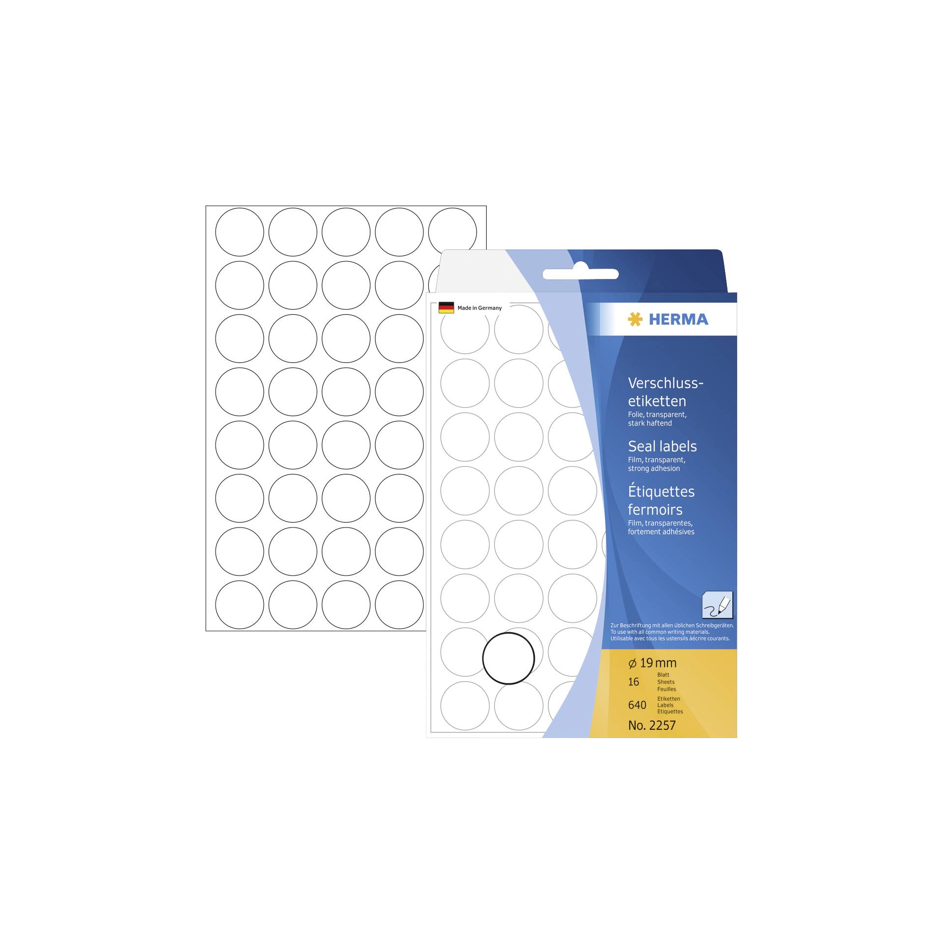 Herma Verschlussetik. rund 19mm 16 Sheet, 640 Stück, transp.