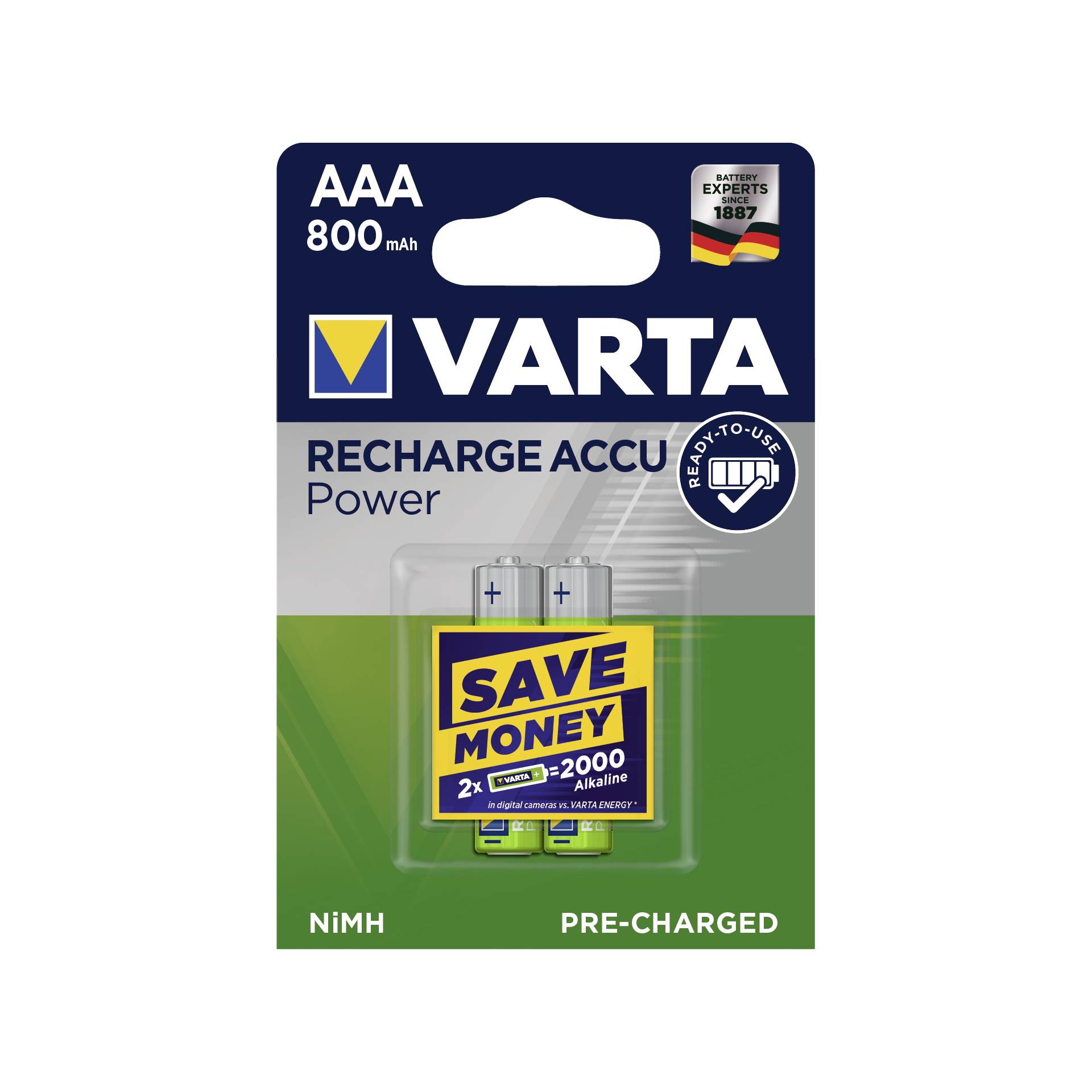 1x2 Varta Rechargeable Accu AAA Ready2Use NiMH 800 mAH Micro