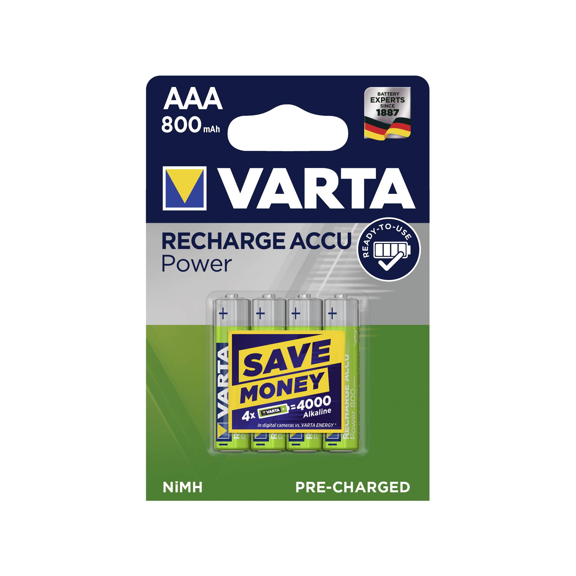 1x4 Varta Rechargeable Accu AAA Ready2Use NiMH 800 mAH Micro