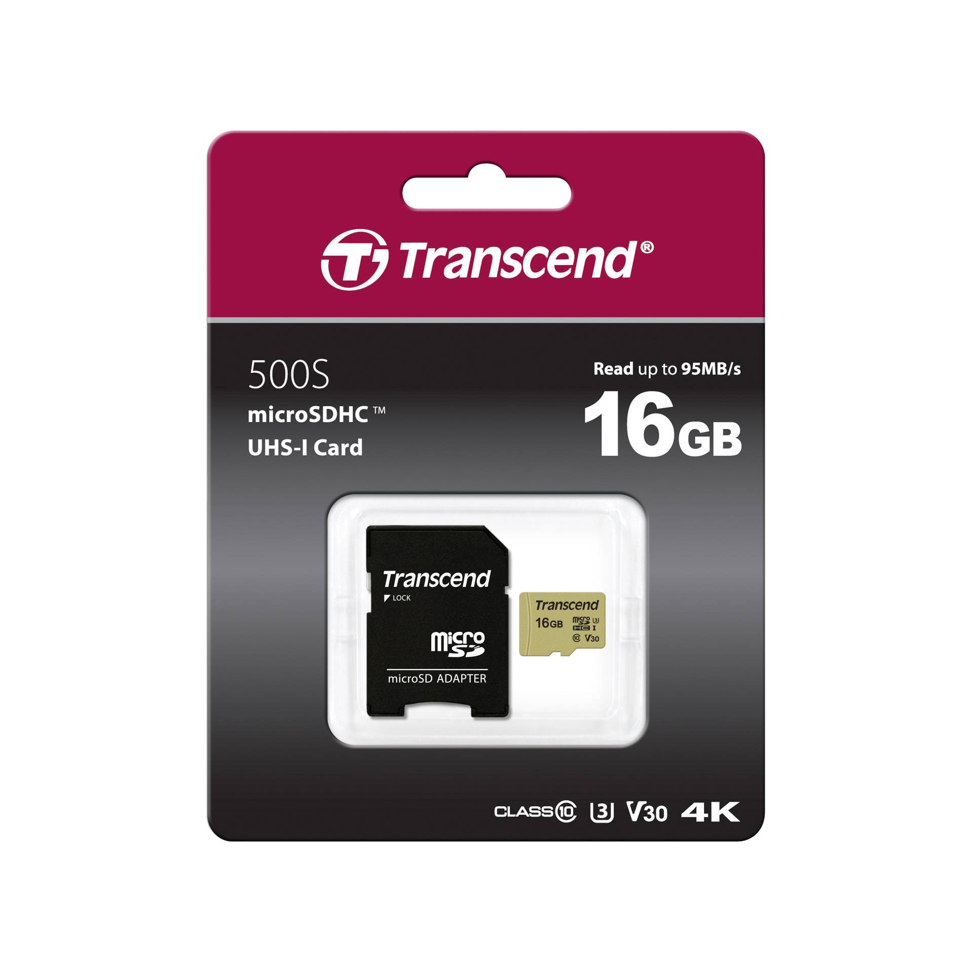 Transcend microSDHC 500S    16GB Class 10 UHS-I U3 V30 + Ada 2