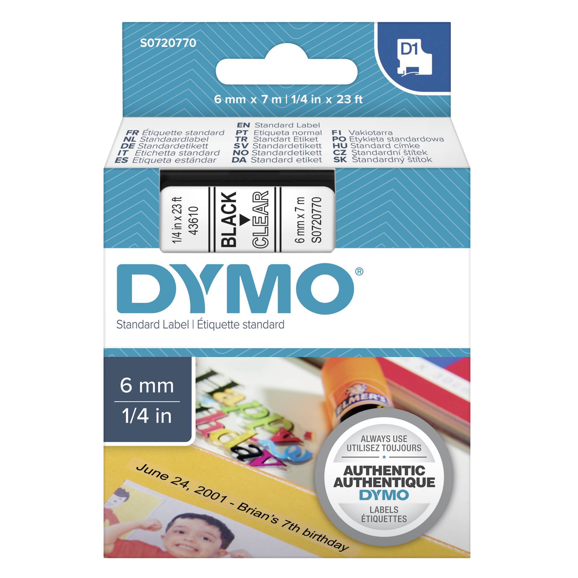 Dymo D1 nastro      6 mm x 7 m nero    su  trasparente    43