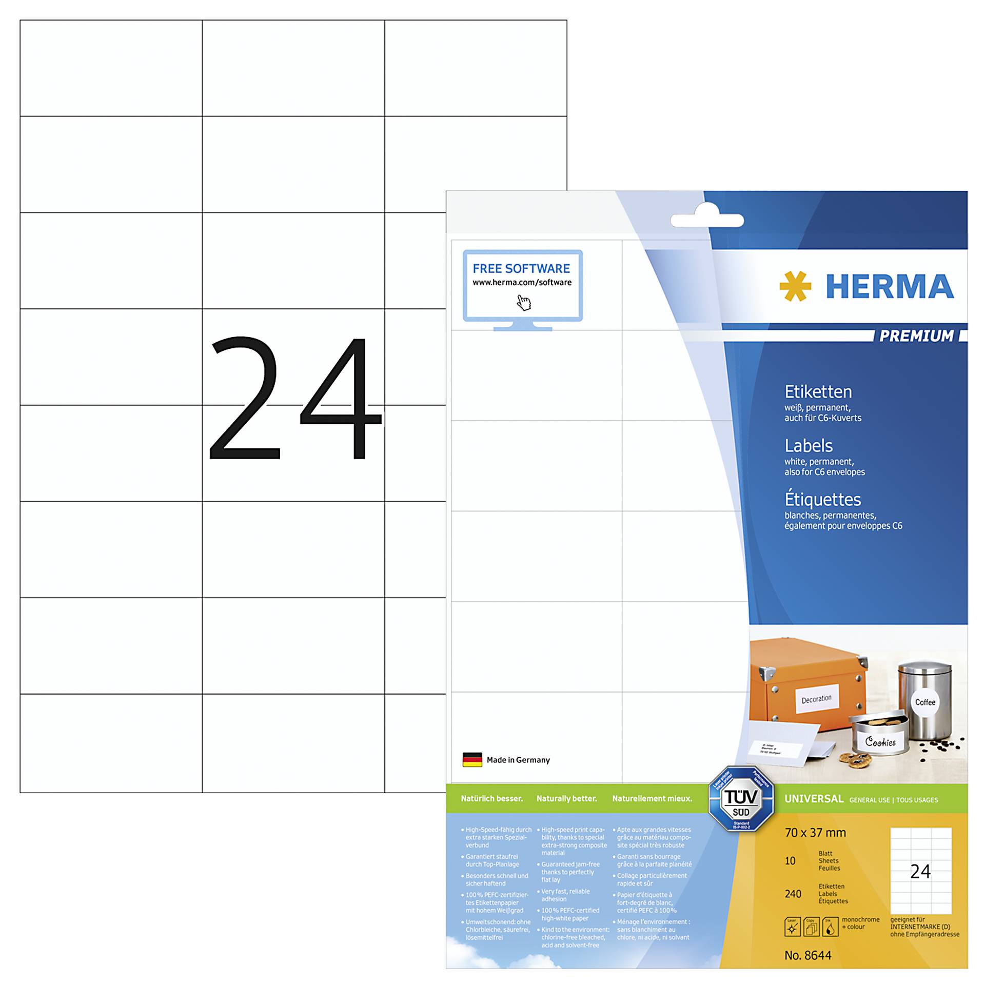 Herma etichette 70x37 bianco 10 fogli A4 240 pezzi       864