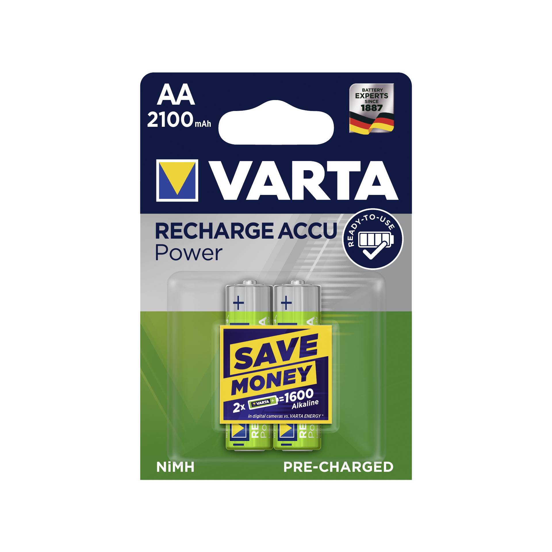 1x2 Varta Rechargeable Accu AA Ready2Use NiMH 2100 mAh Migno