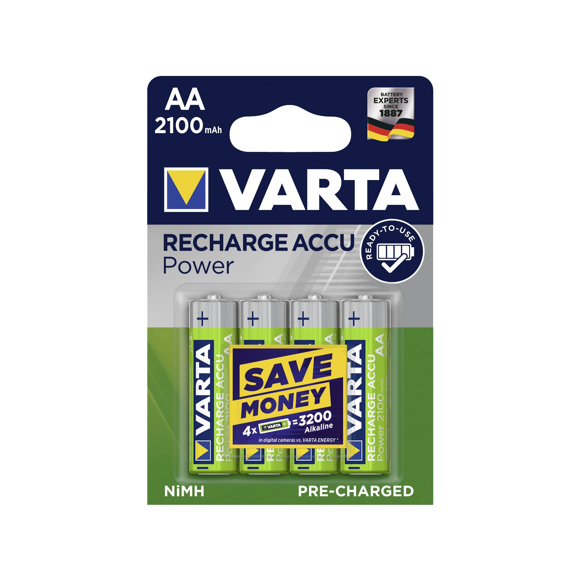 1x4 Varta Rechargeable Accu AA Ready2Use NiMH 2100 mAh Migno