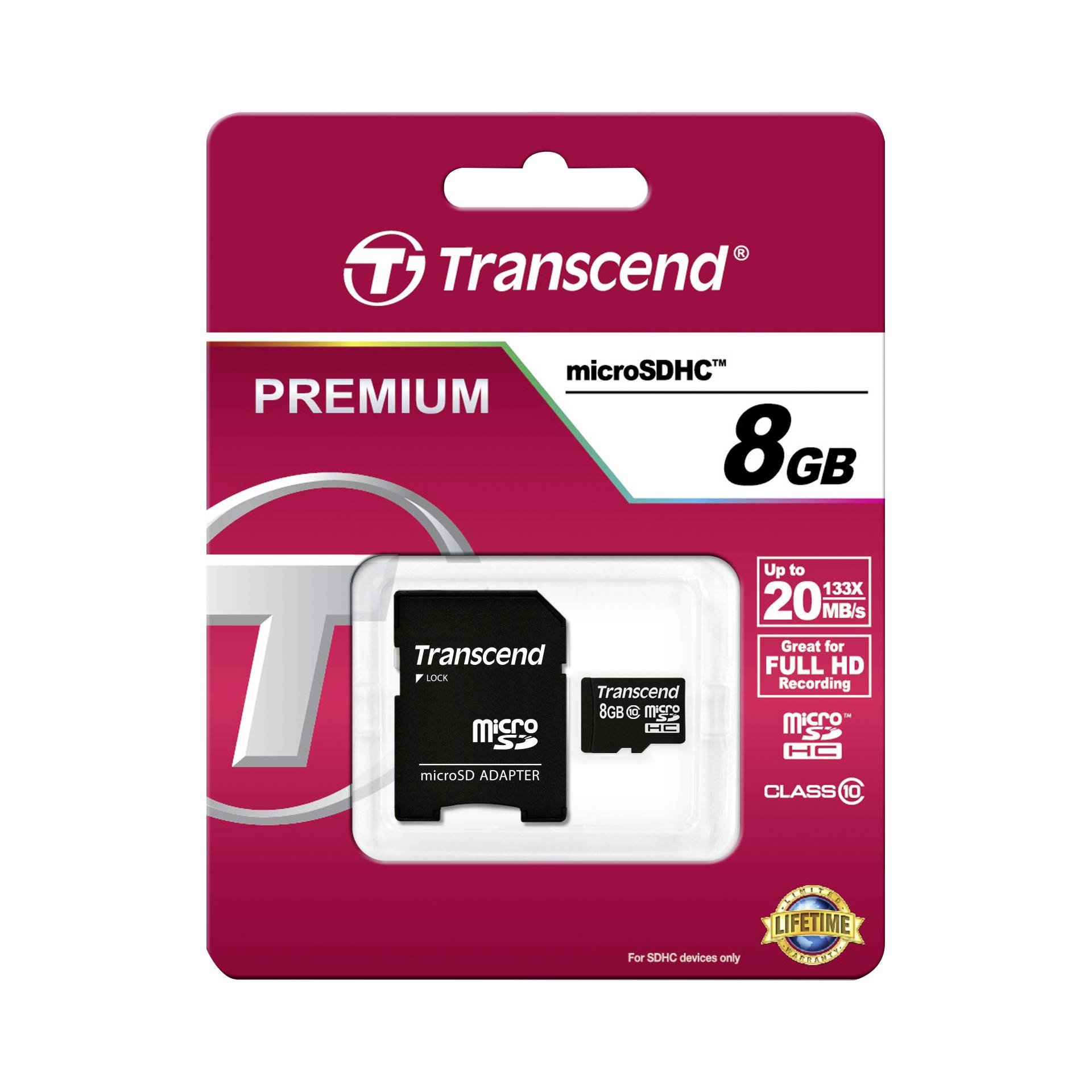 Transcend microSDHC 8GB Class 10 + Adattatore SD