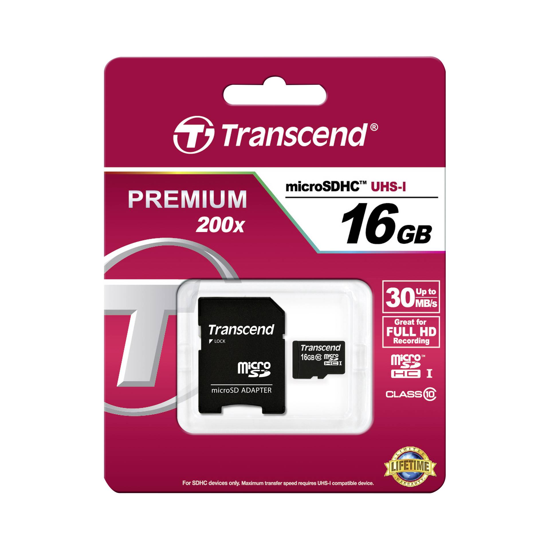 Transcend microSDHC 16GB Class 10 + Adattatore SD