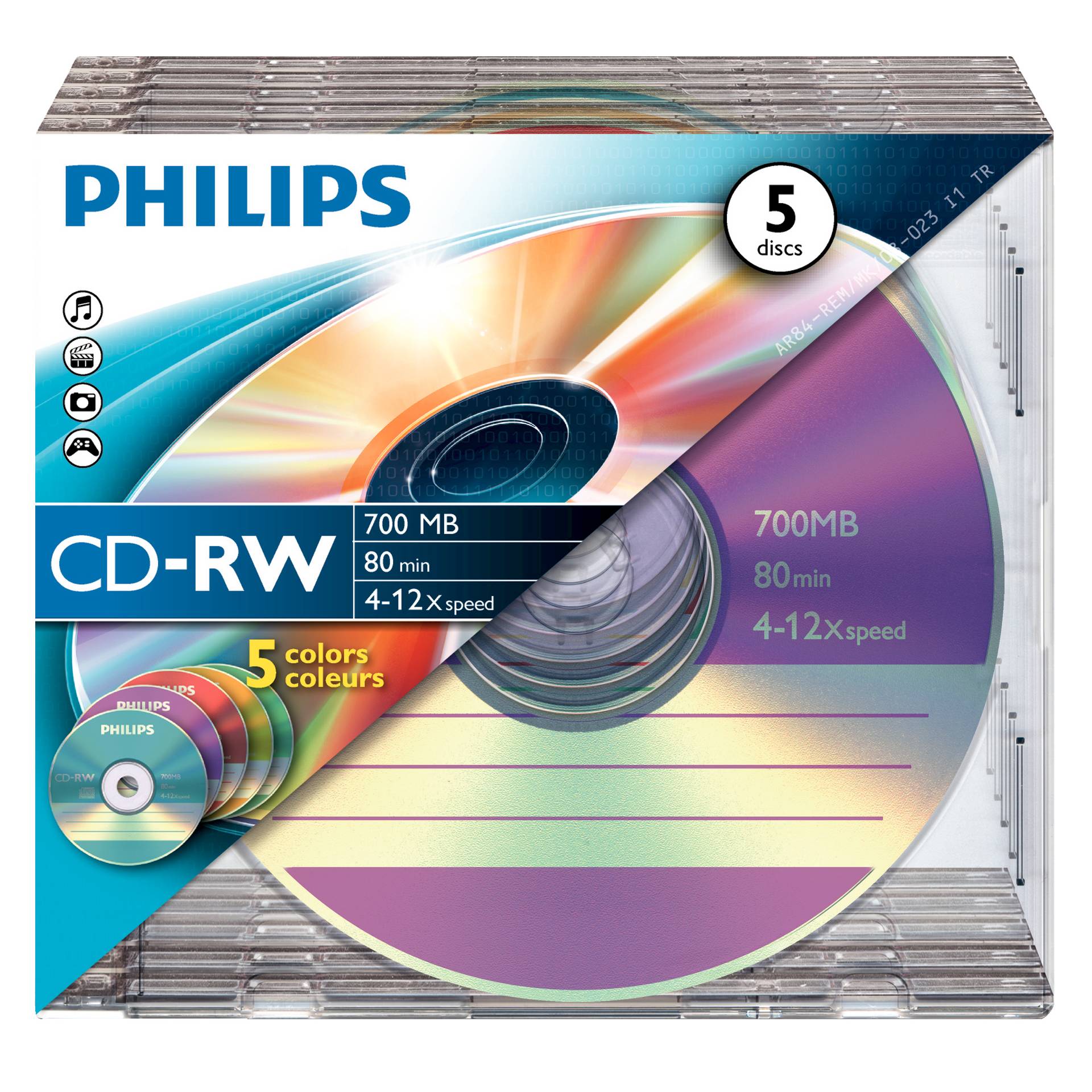 1x5 Philips CD-RW 80Min 700MB 4-12x SL Colour