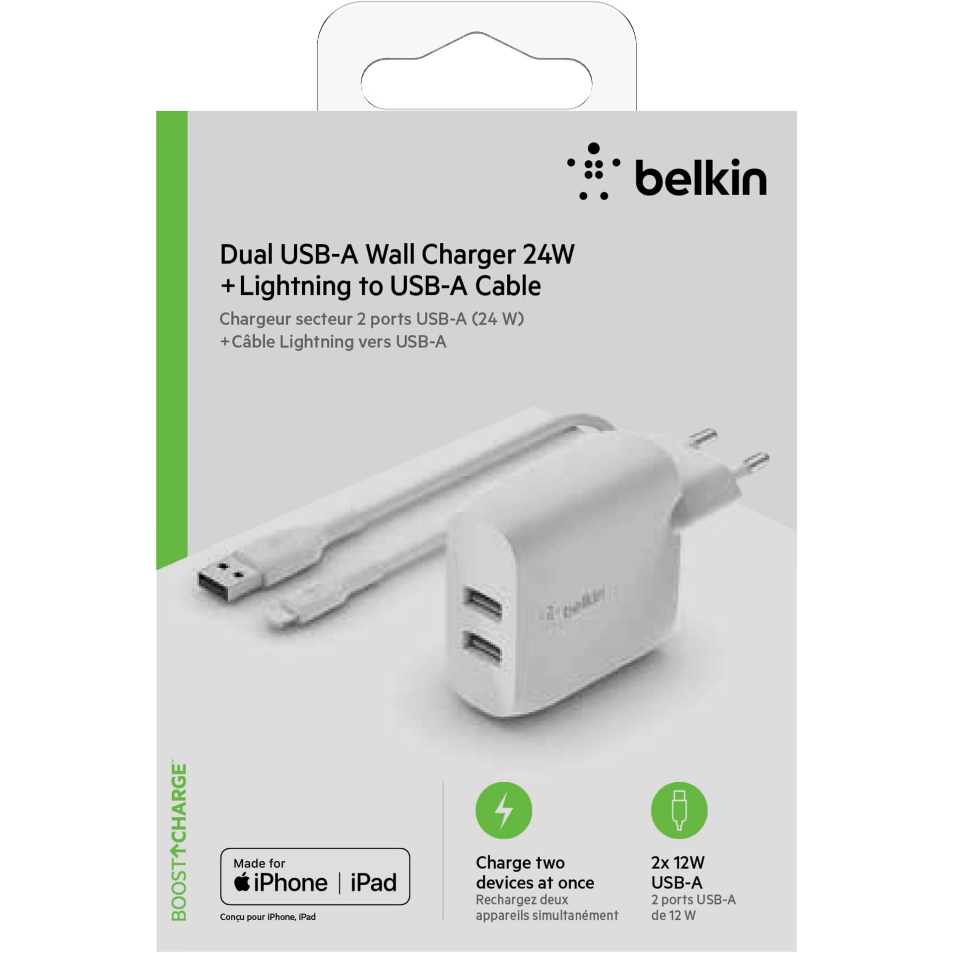 Belkin Dual USB-A Charger, 24W incl. Lightning Cable 1m, whi