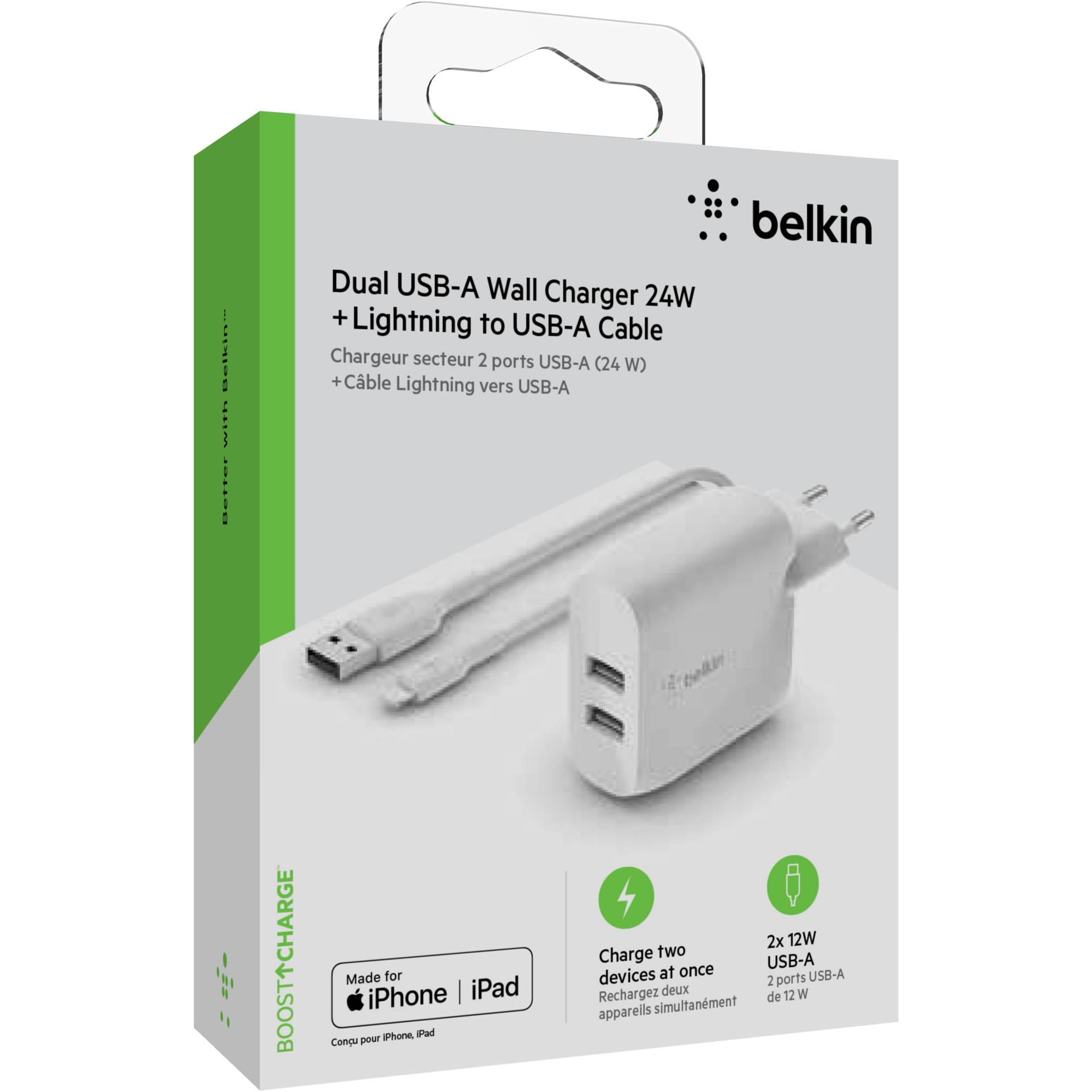 Belkin Dual USB-A Charger, 24W incl. Lightning Cable 1m, whi