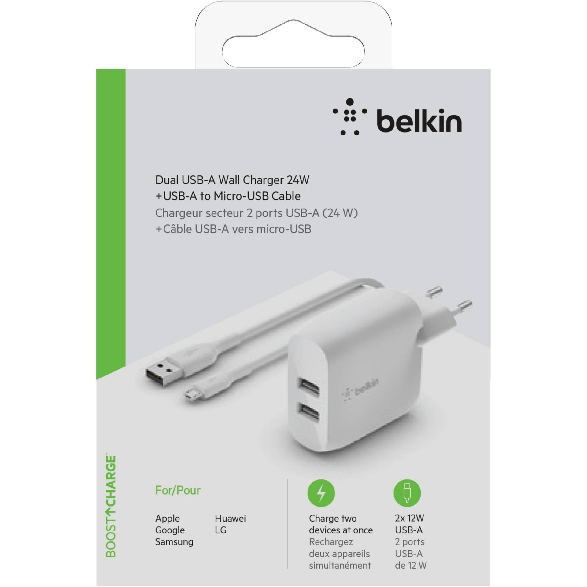 Belkin Dual USB-A Charger, 24W incl. Micro-USB Cable 1m, whi