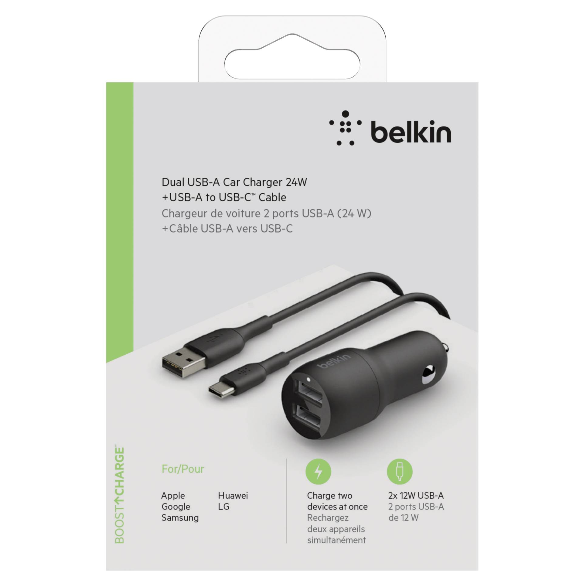 Belkin USB-A caricab. auto, 24W 1m cavo USB-C  nero CCE001bt