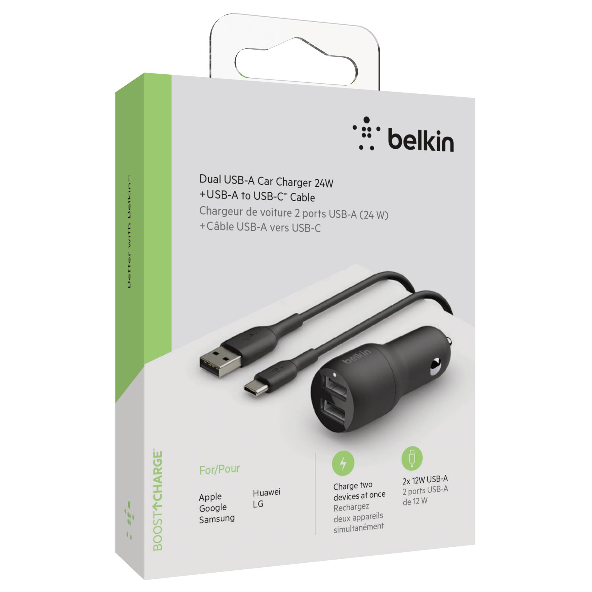Belkin USB-A caricab. auto, 24W 1m cavo USB-C  nero CCE001bt