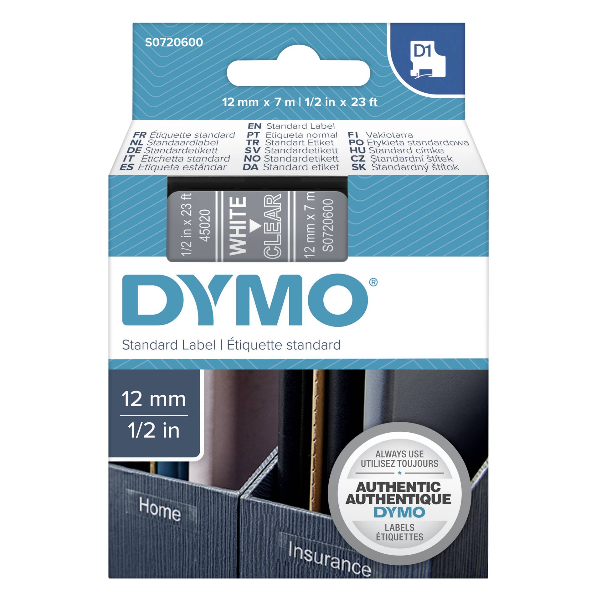 Dymo D1 nastro      12 mm x 7 m bianco su trasparente      4