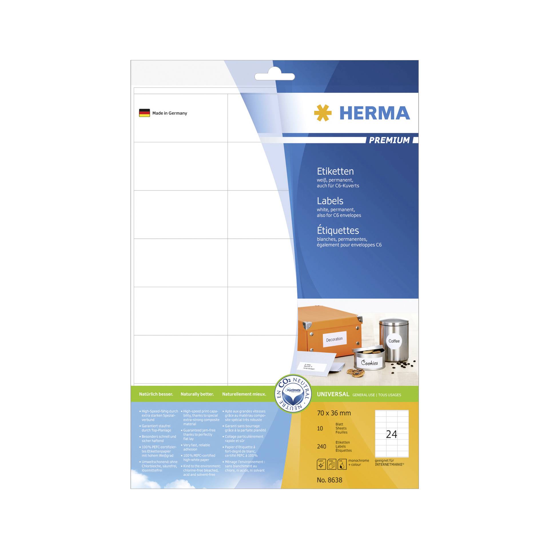 Herma etichette 70x36 bianco 10 fogli DIN A4 240 pezzi   863