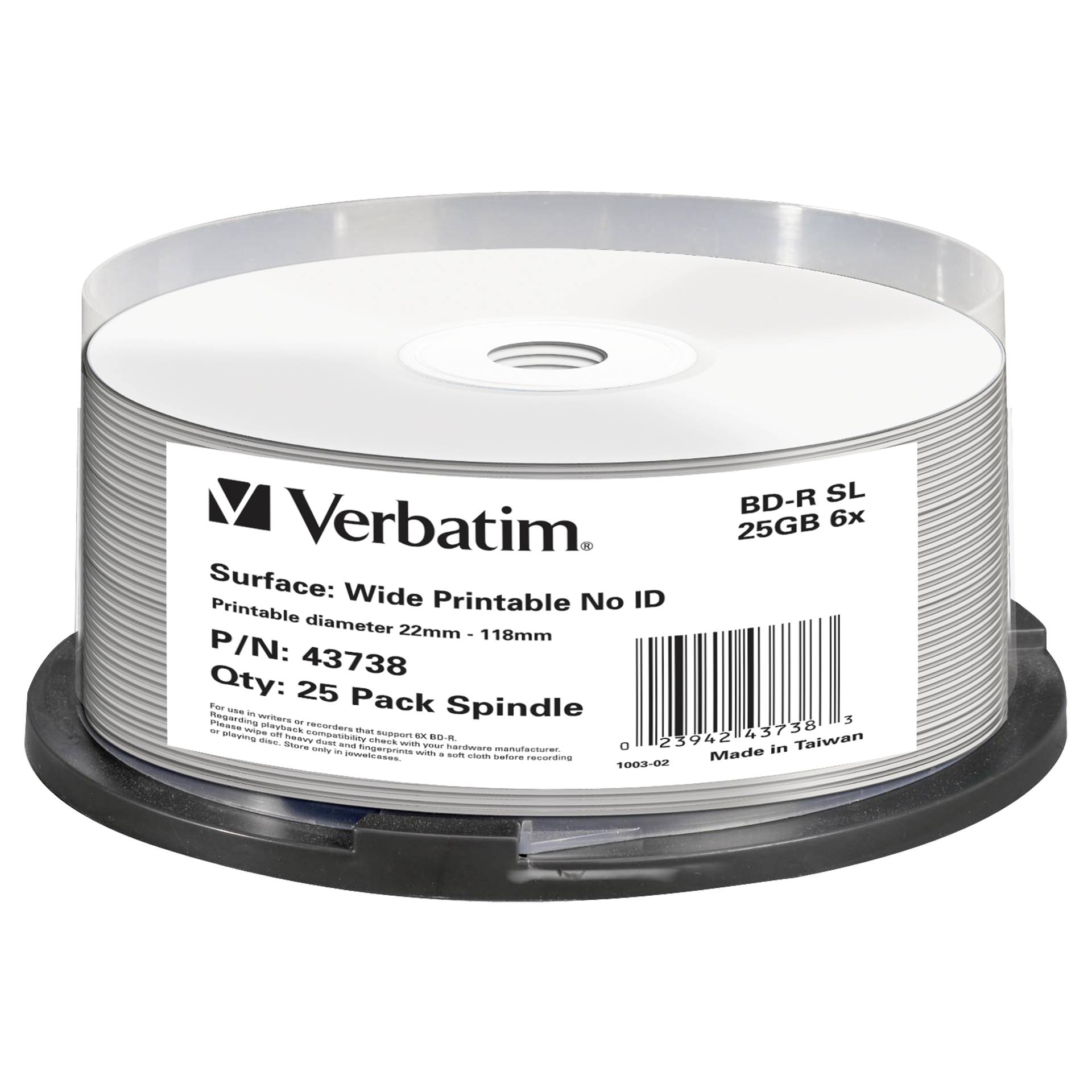 1x25 Verbatim BD-R Blu-Ray 25GB 6x Speed wide printable NO-I