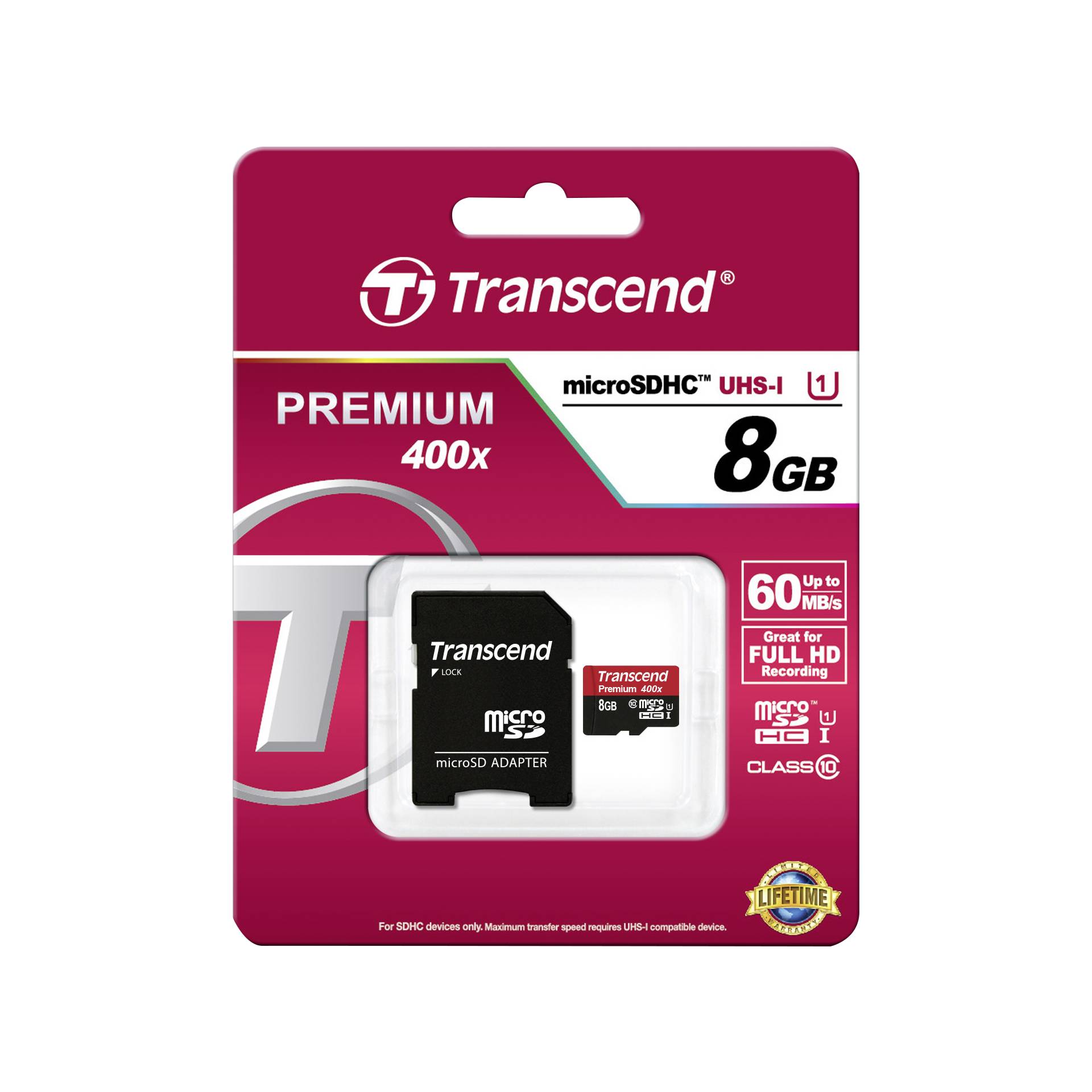 Transcend microSDHC 8GB Class 10 UHS-I 400x + SD adatt.