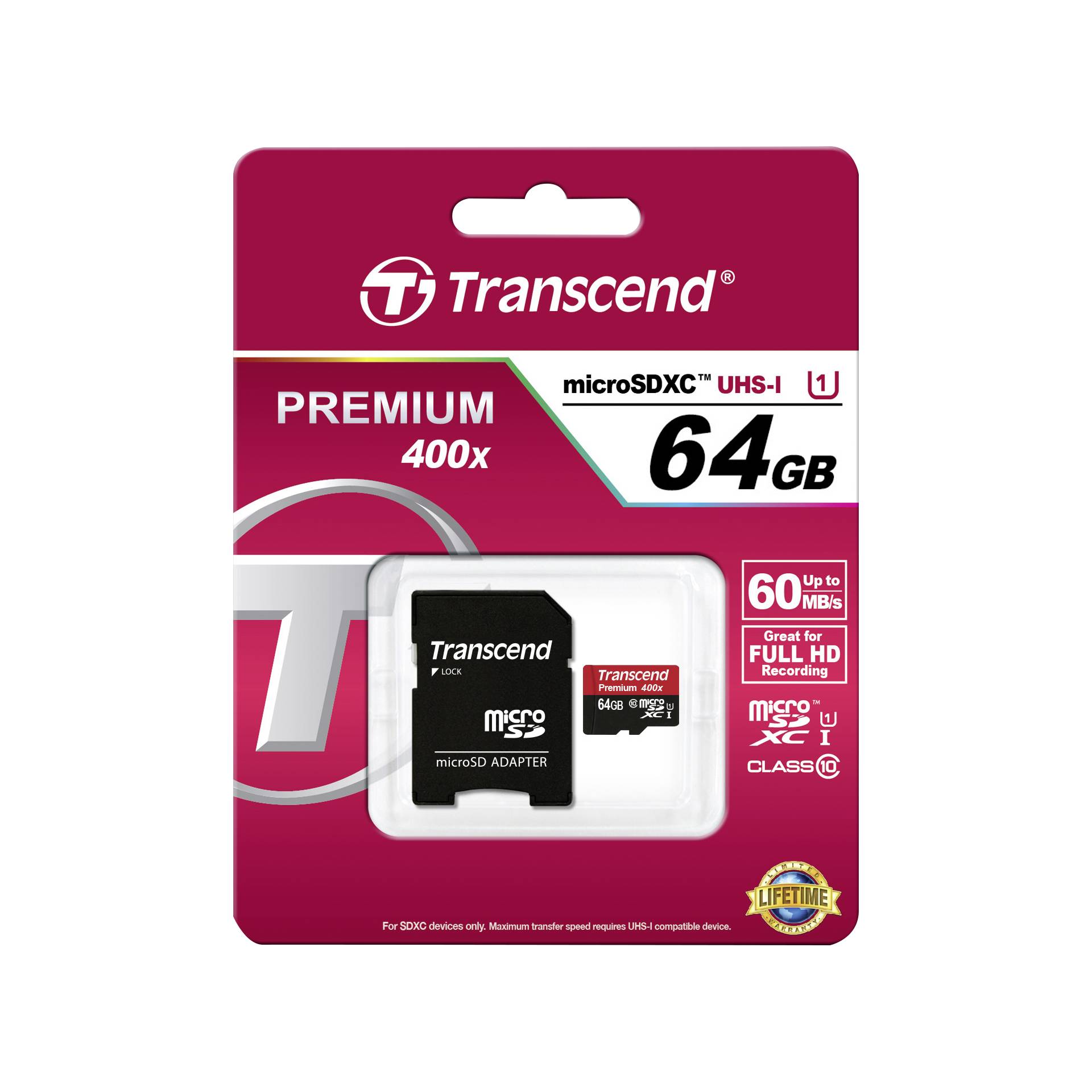 Transcend microSDXC 64GB Class 10 UHS-I U1 400x + SD adattat