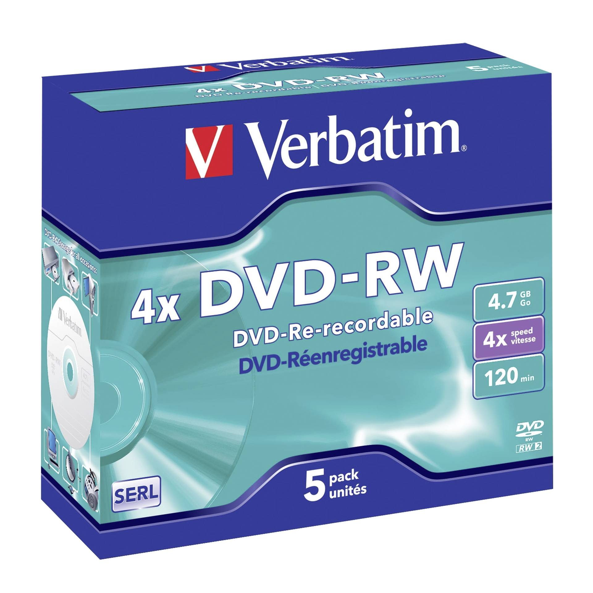 1x5 Verbatim DVD-RW 4,7GB 4x Speed, Jewel custodia