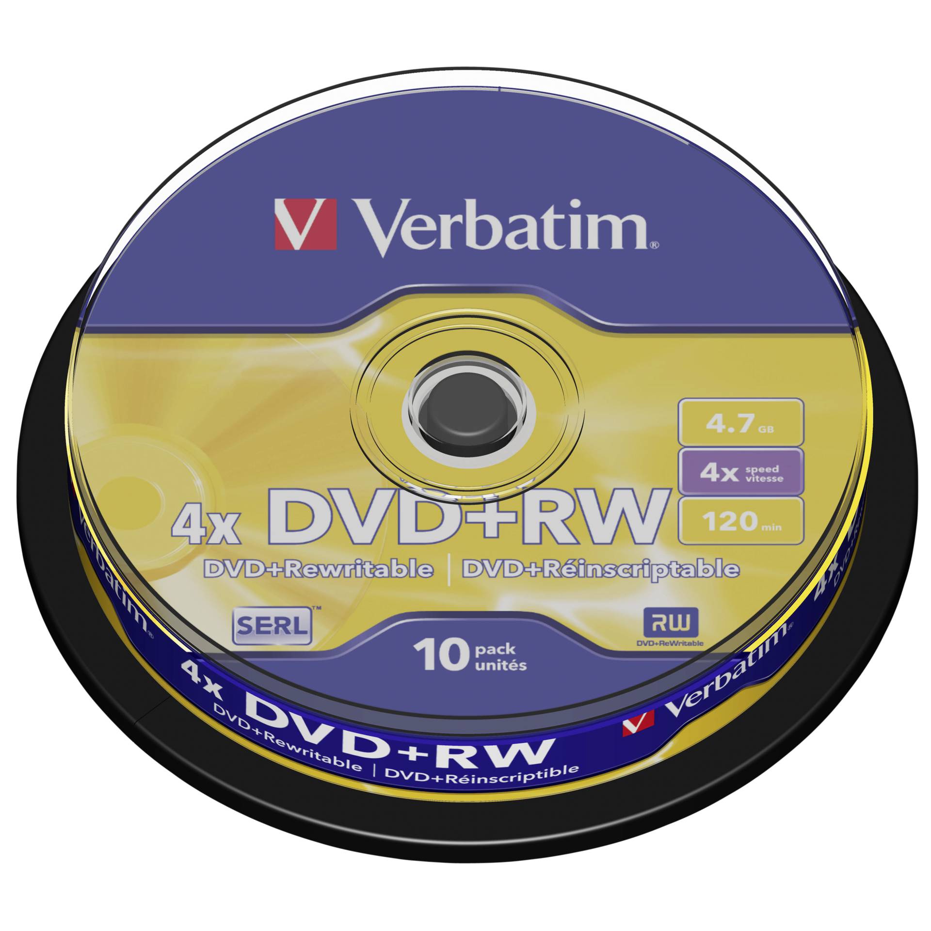 1x10 Verbatim DVD+RW 4,7GB 4x Speed, opaco argento Cakebox