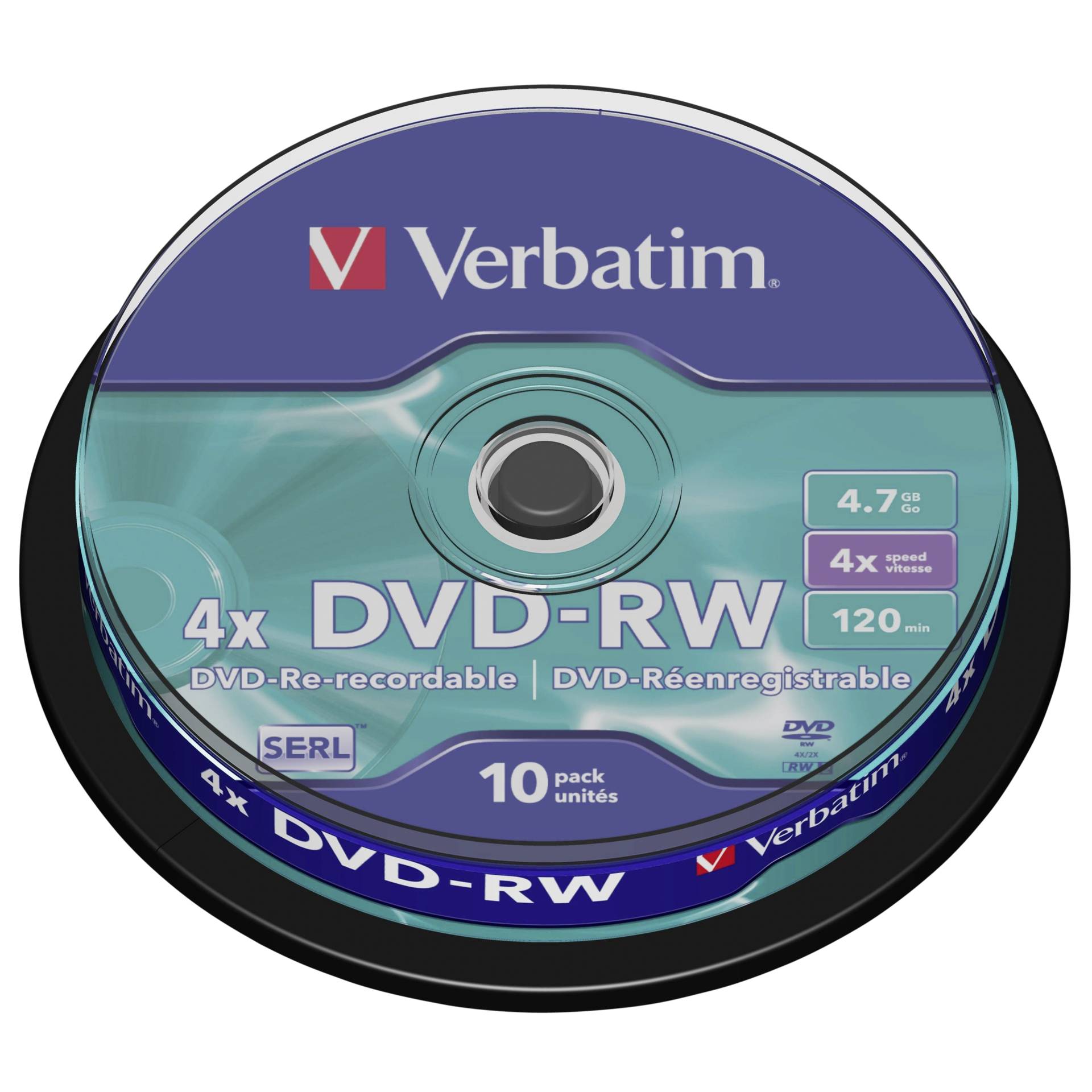 1x10 Verbatim DVD-RW 4,7GB 4x Speed, opaco argento Cakebox