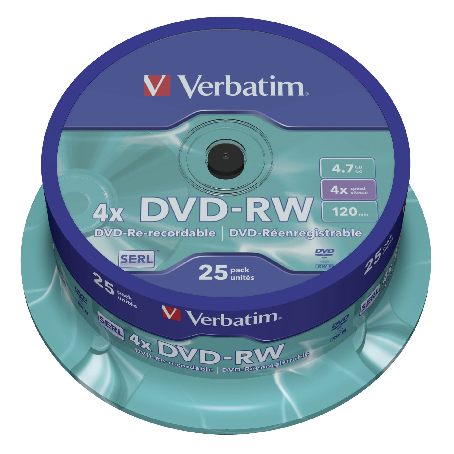 1x25 Verbatim DVD-RW 4,7GB 4x Speed, opaco argento