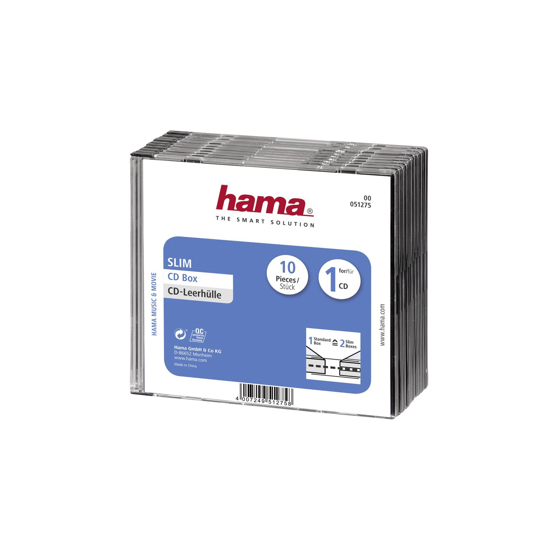 1x10 Hama CD-custodia vuota Slim-Line trasp./nero 51275