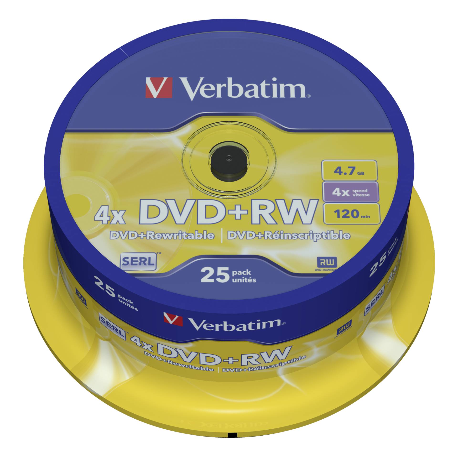 1x25 Verbatim DVD+RW 4,7GB 4x Speed, opaco argento