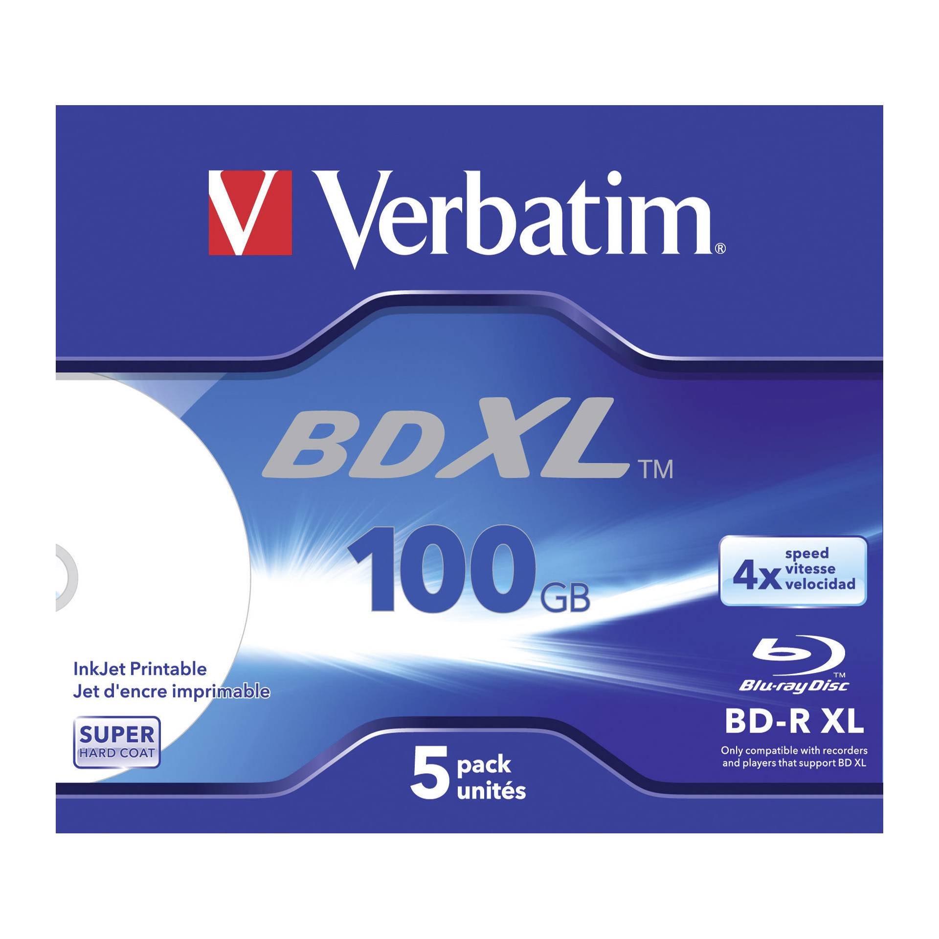 1x5 Verbatim BD-R Blu-Ray 100GB 4x Speed wide printable JC