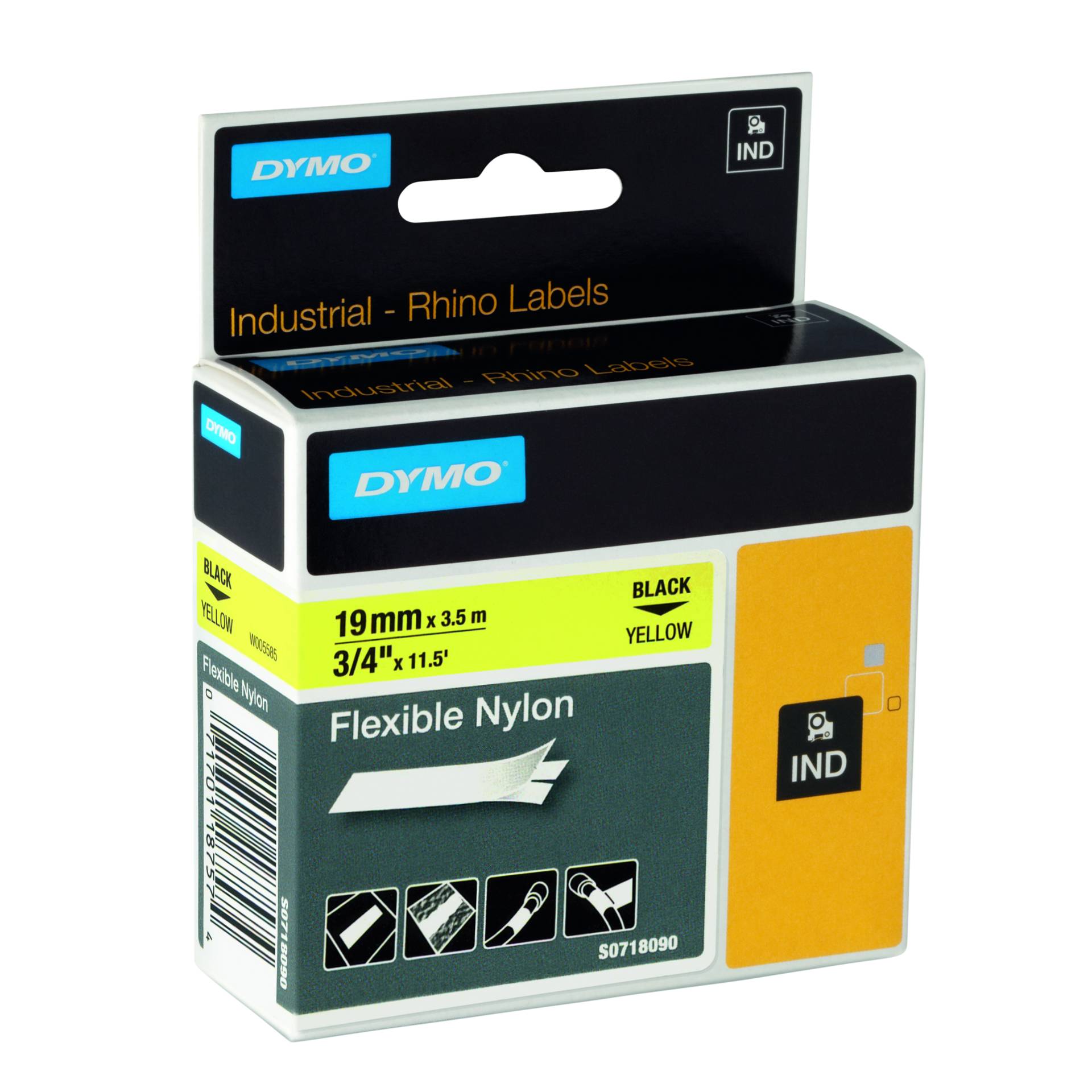 Dymo Rhino nastro IND, Nylon 19 mm x 3,5 m nero su giallo