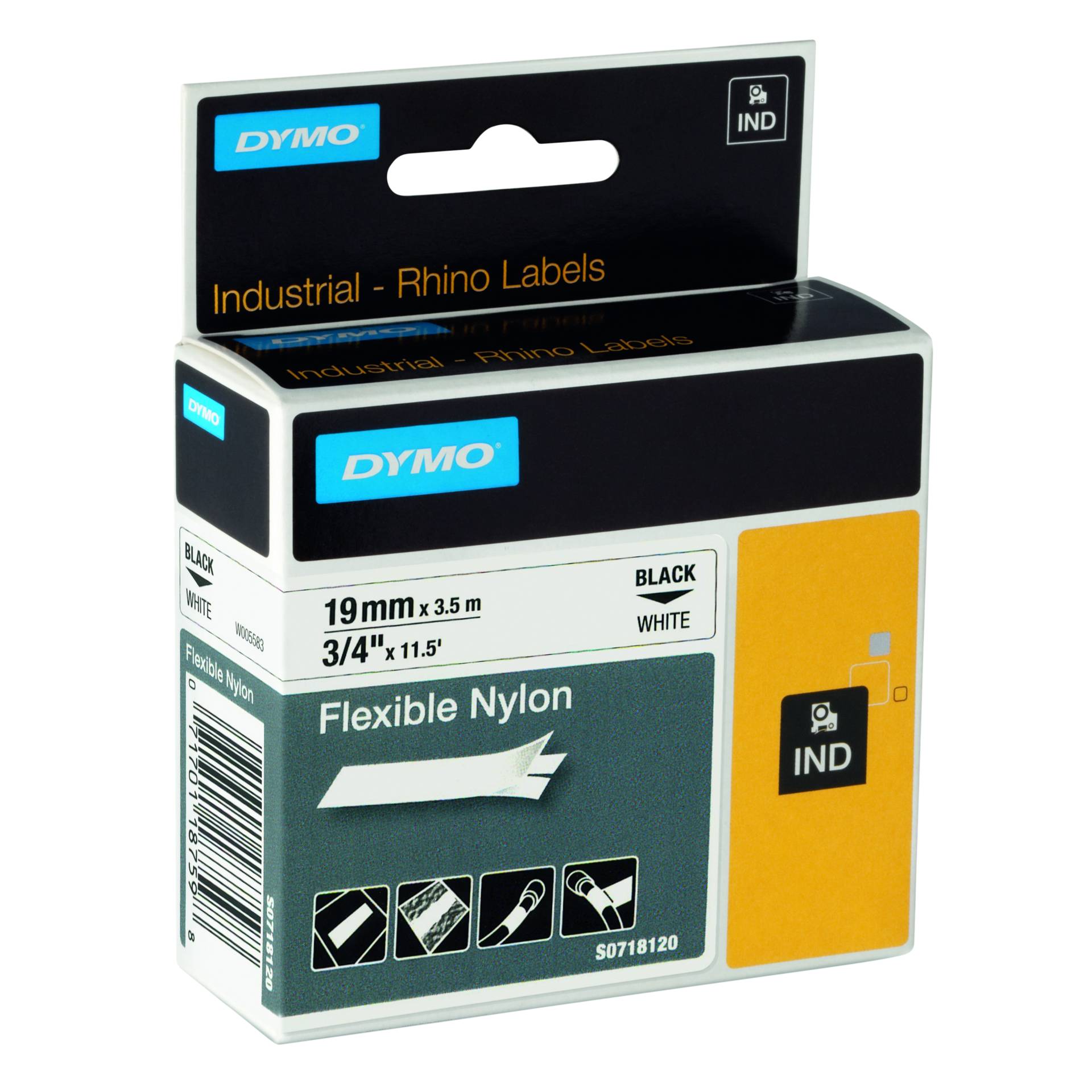 Dymo Rhino nastro IND, Nylon 19 mm x 3,5 m nero su bianco