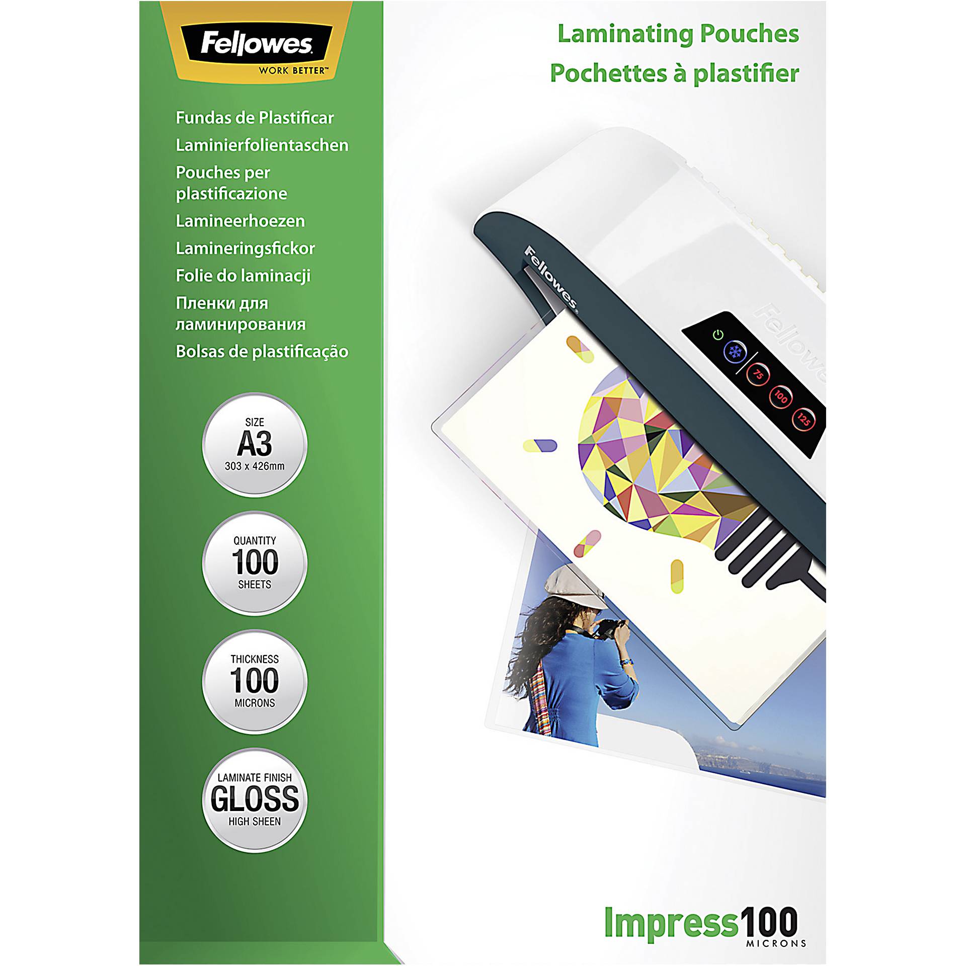 Fellowes pell. di laminazione A3 100 mic lucida - 100 pezzi