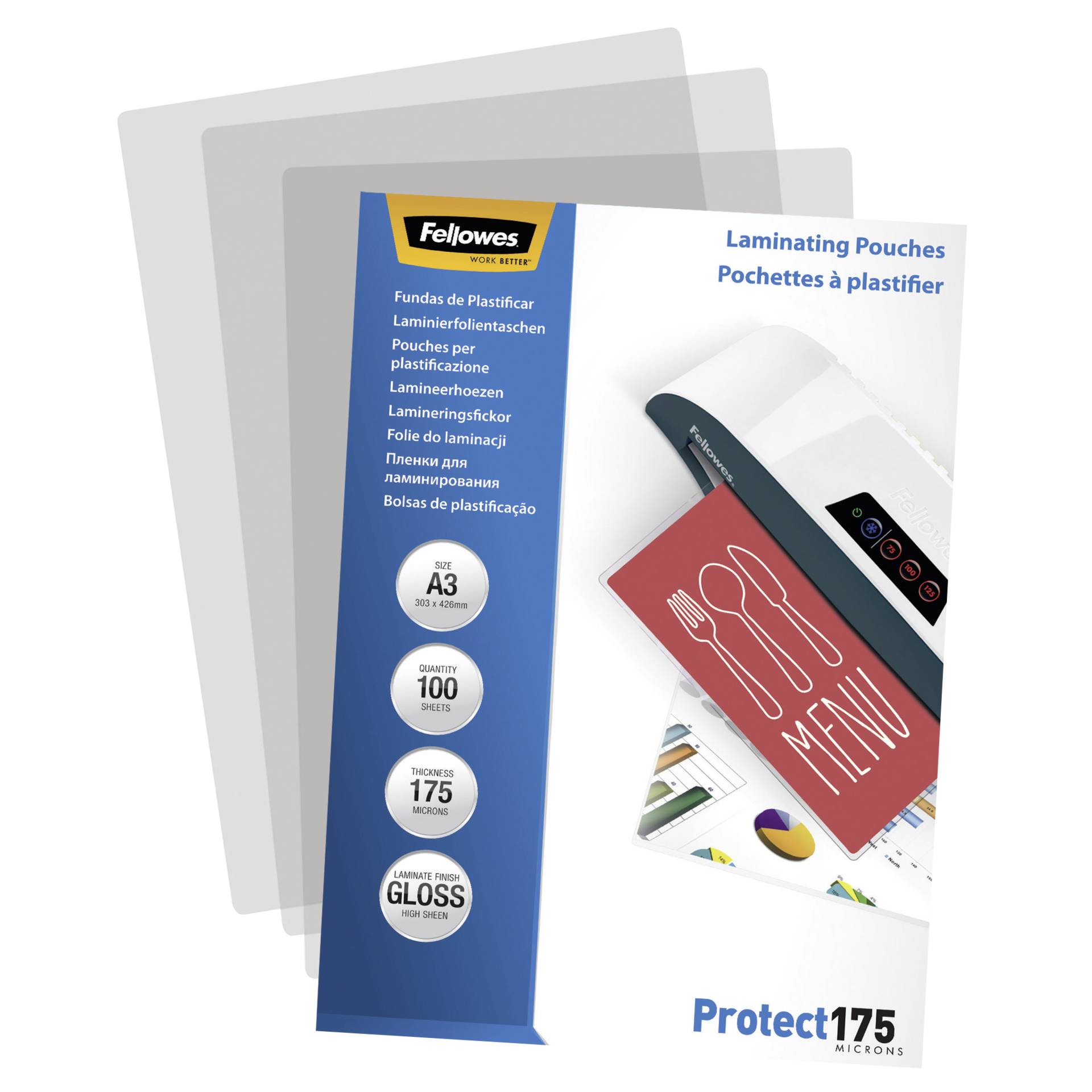 Fellowes pell. di laminazione A3 175 mic lucida - 100 pezzi