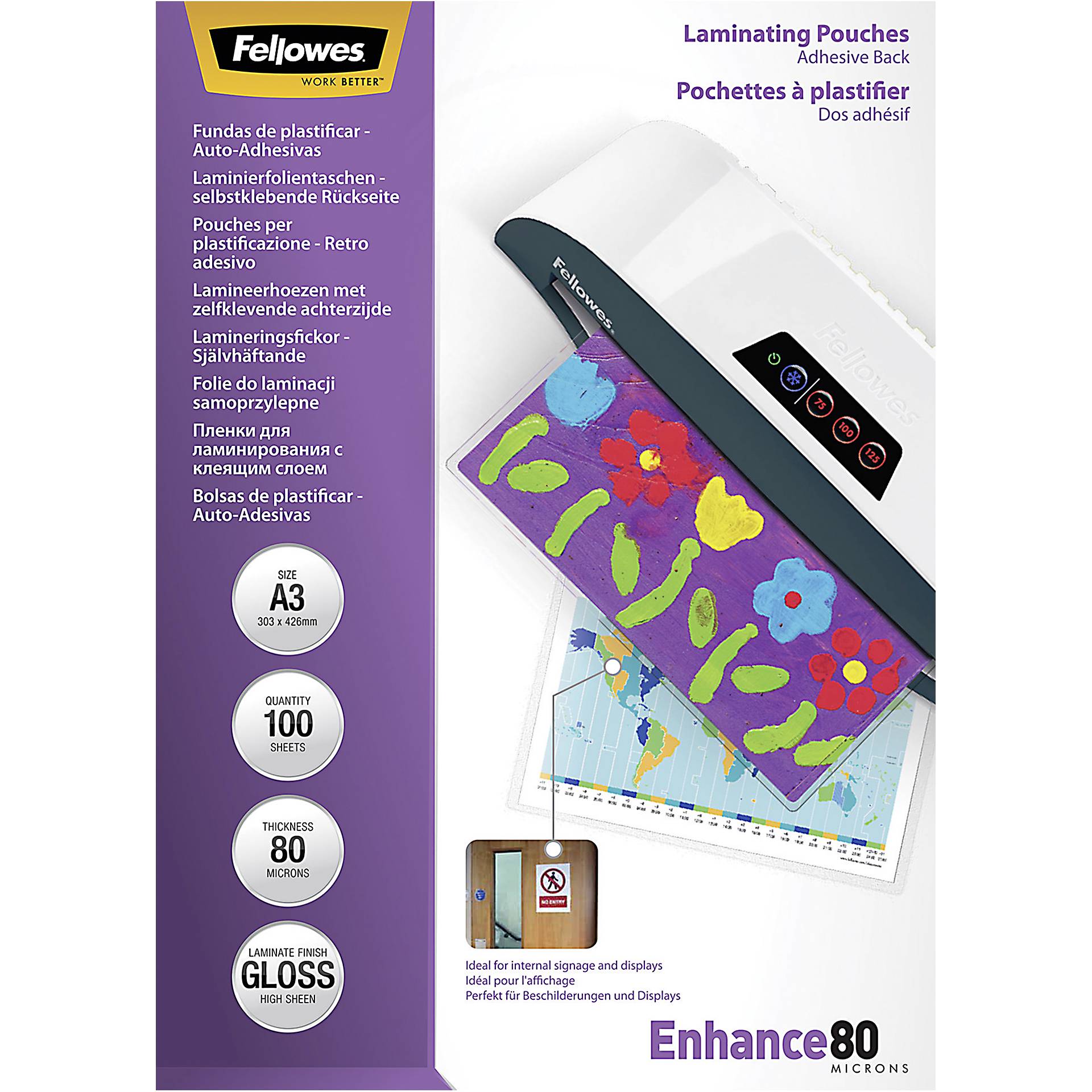 Fellowes pell. di laminazione A3 80 mic autoadesivo - 100 pe