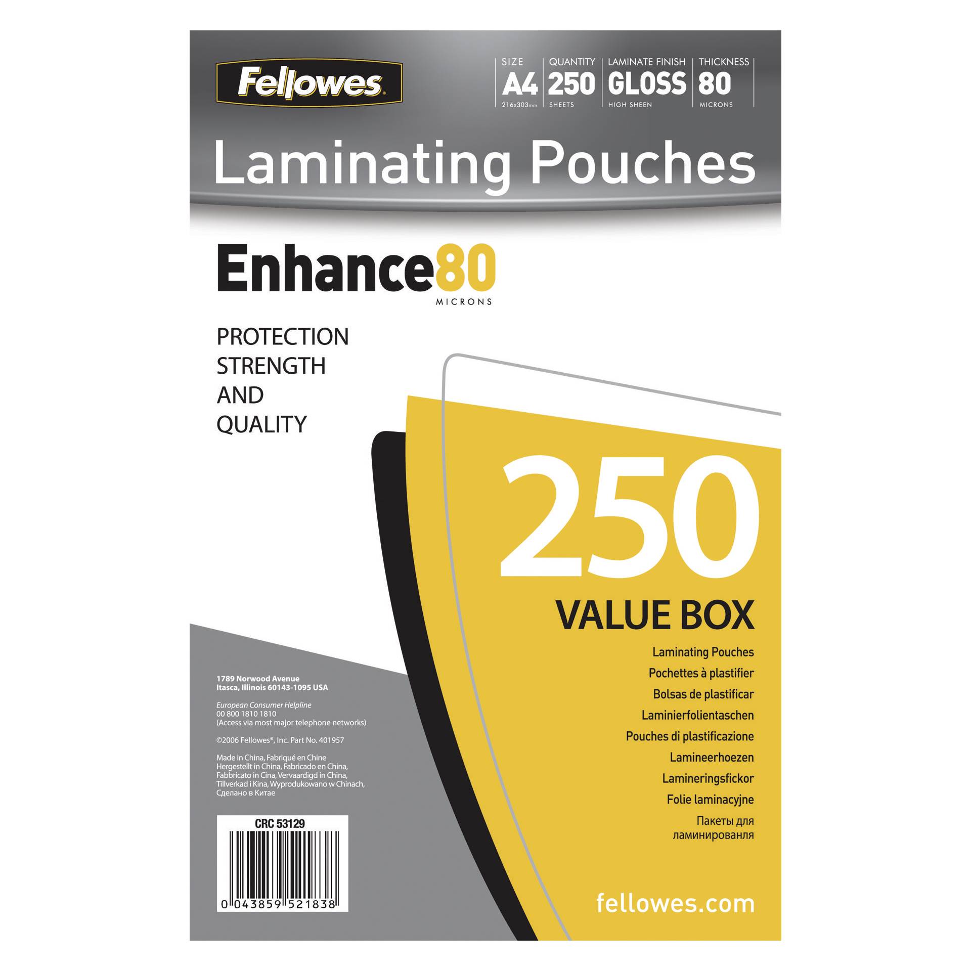 Fellowes pell. di laminazione A4 80 mic lucida - 250 pezzi