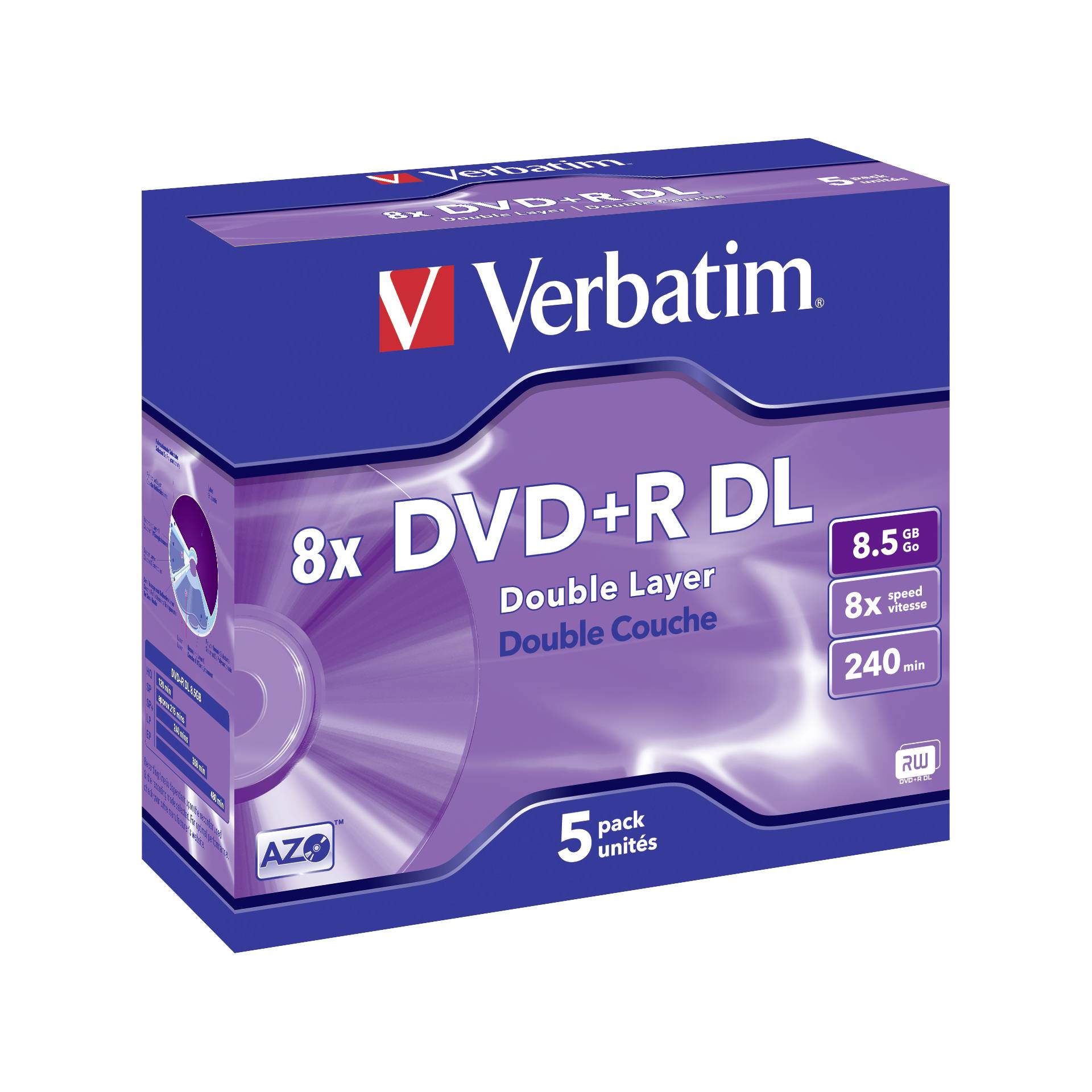 1x5 Verbatim DVD+R Double Layer 8x Speed, Jewel custodia 8,5