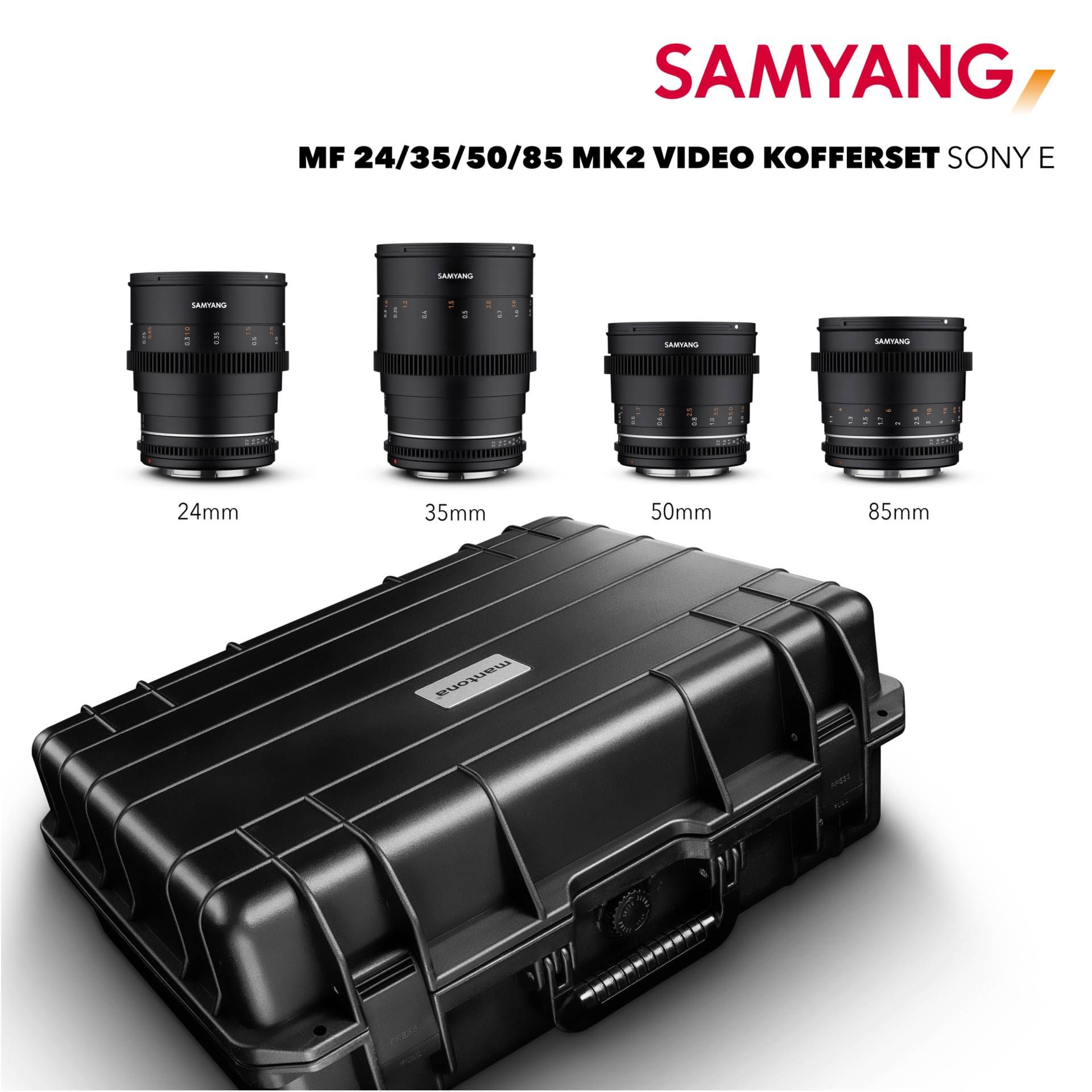 Samyang MF 24/35/50/85 MK2 VDSLR set valigia Sony E