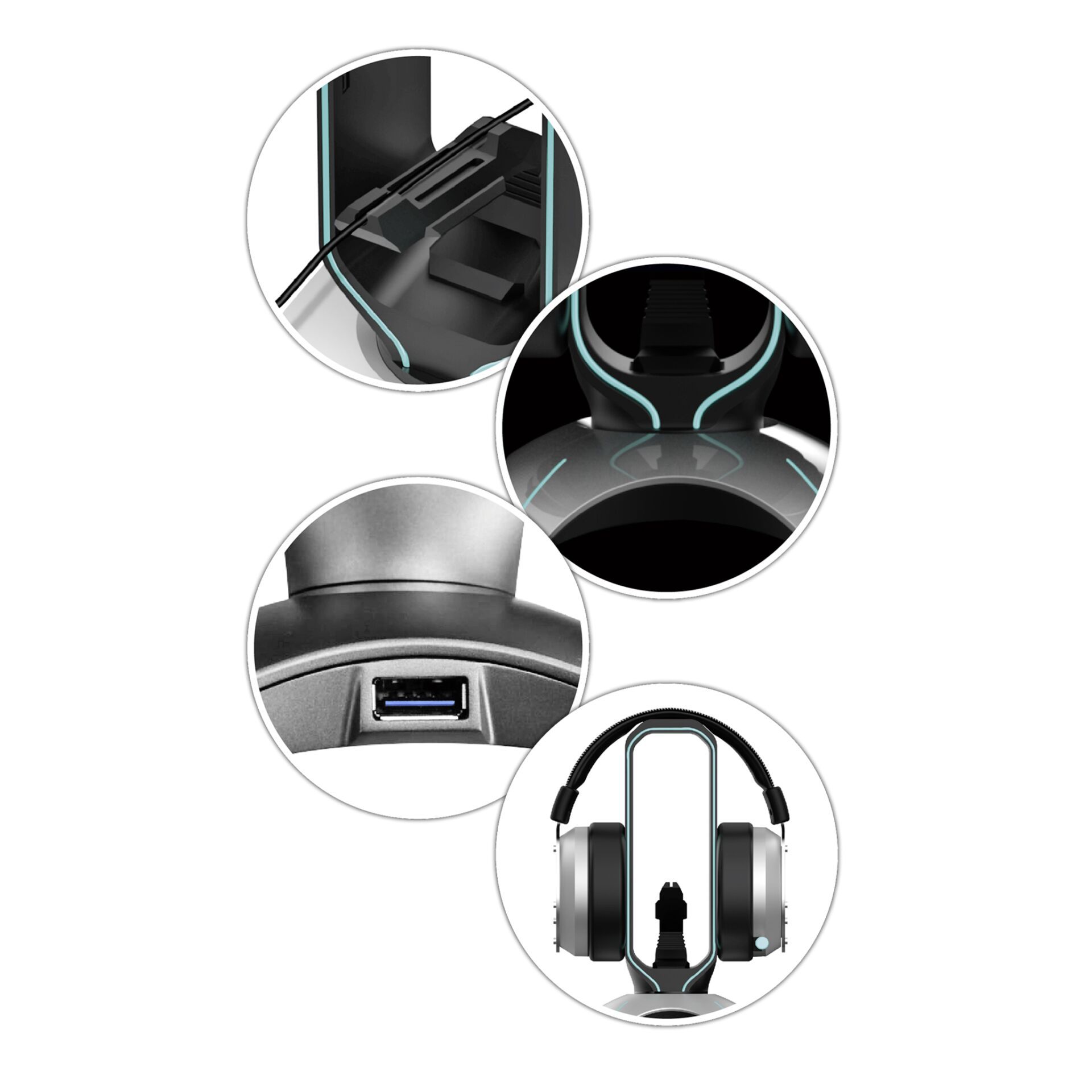 LC Power LC-HUB-HEAD-BUNGEE USB 3.0 Hub, Headphone Holder