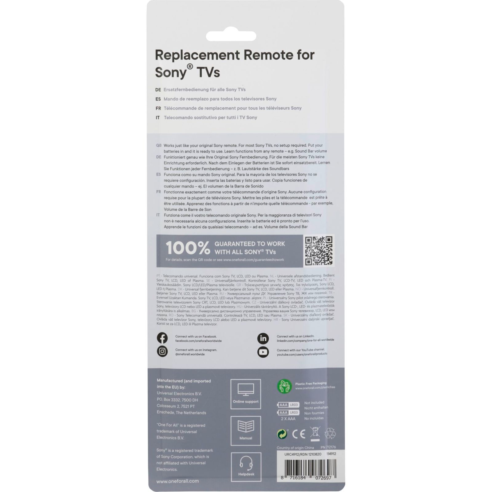 One for All Sony 2.0 Replacement Remote Control URC4912