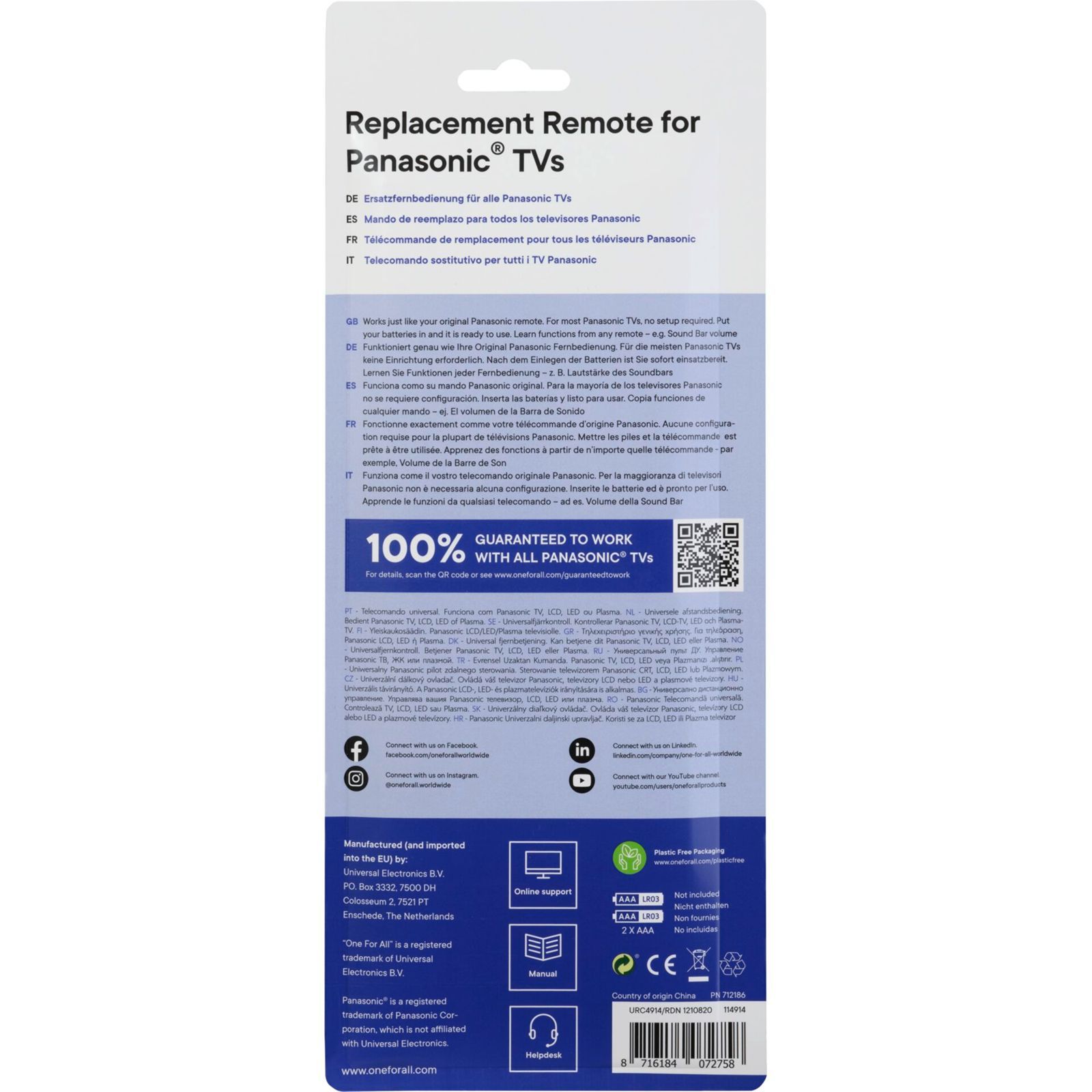 One for All Panasonic 2.0 Remote Control URC4914