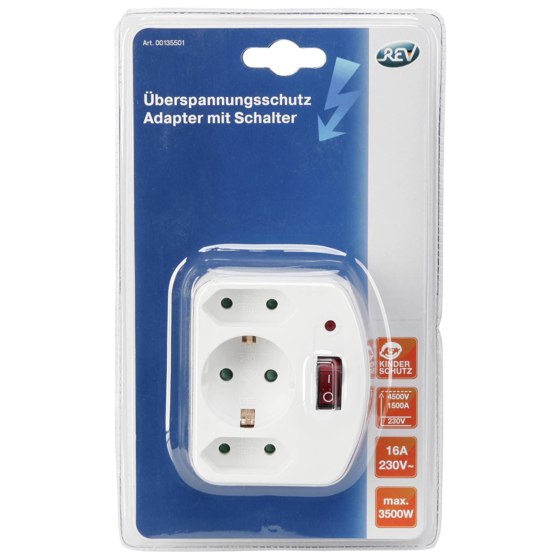 REV 3-fold Adapter w. switch and Surge protector white