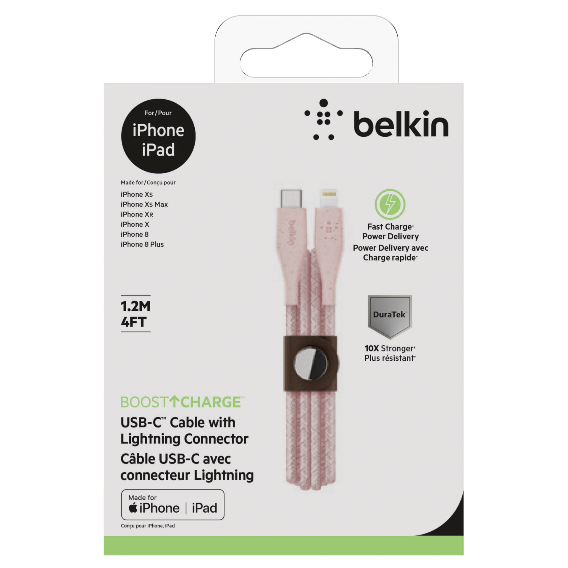 Belkin DuraTek Plus Lightning / USB-C, 1,2m, rosa, cert. mfi