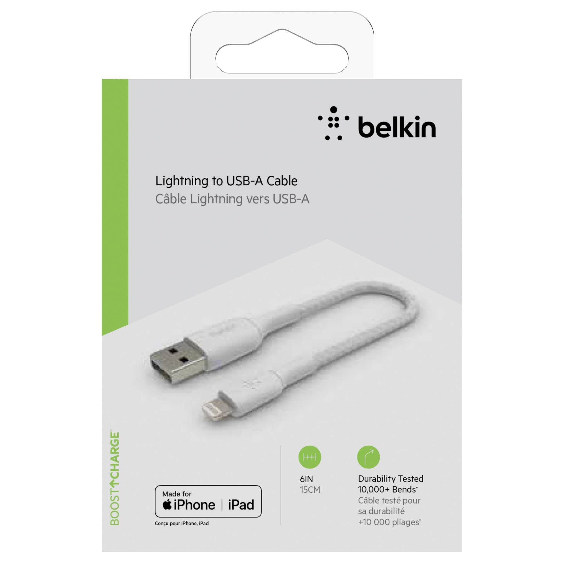 Belkin Lightning to USB-A Cable 15cm, Braided, mfi cert, whi