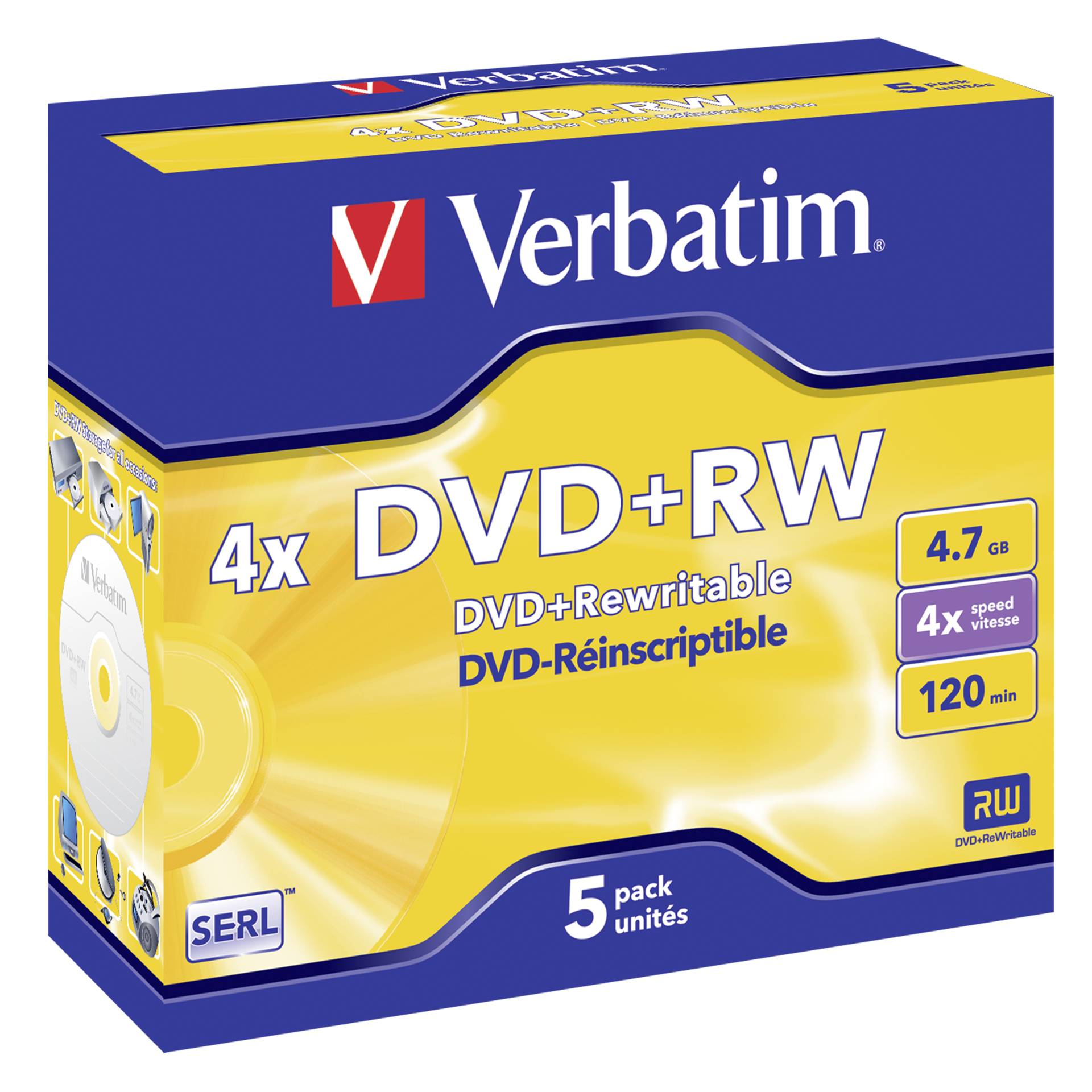 1x5 Verbatim DVD+RW 4,7GB 4x Speed, opaco argen.Jewel Case