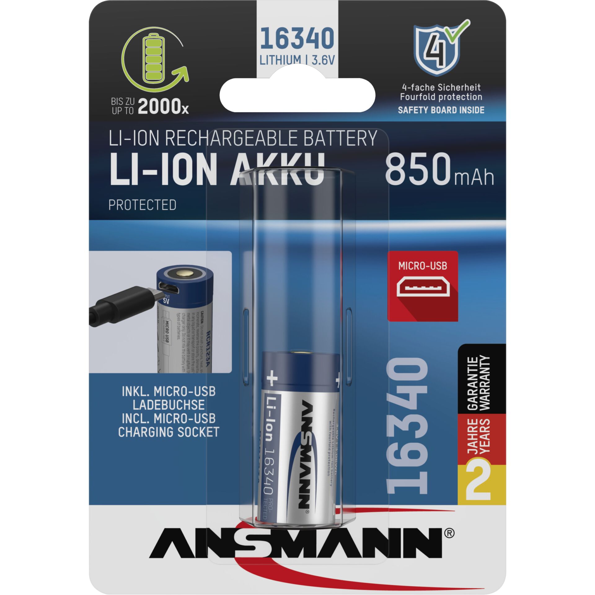 Ansmann 16340 Li-Ion Akku 850mAh 3,6V Micro USB Eingang 1300
