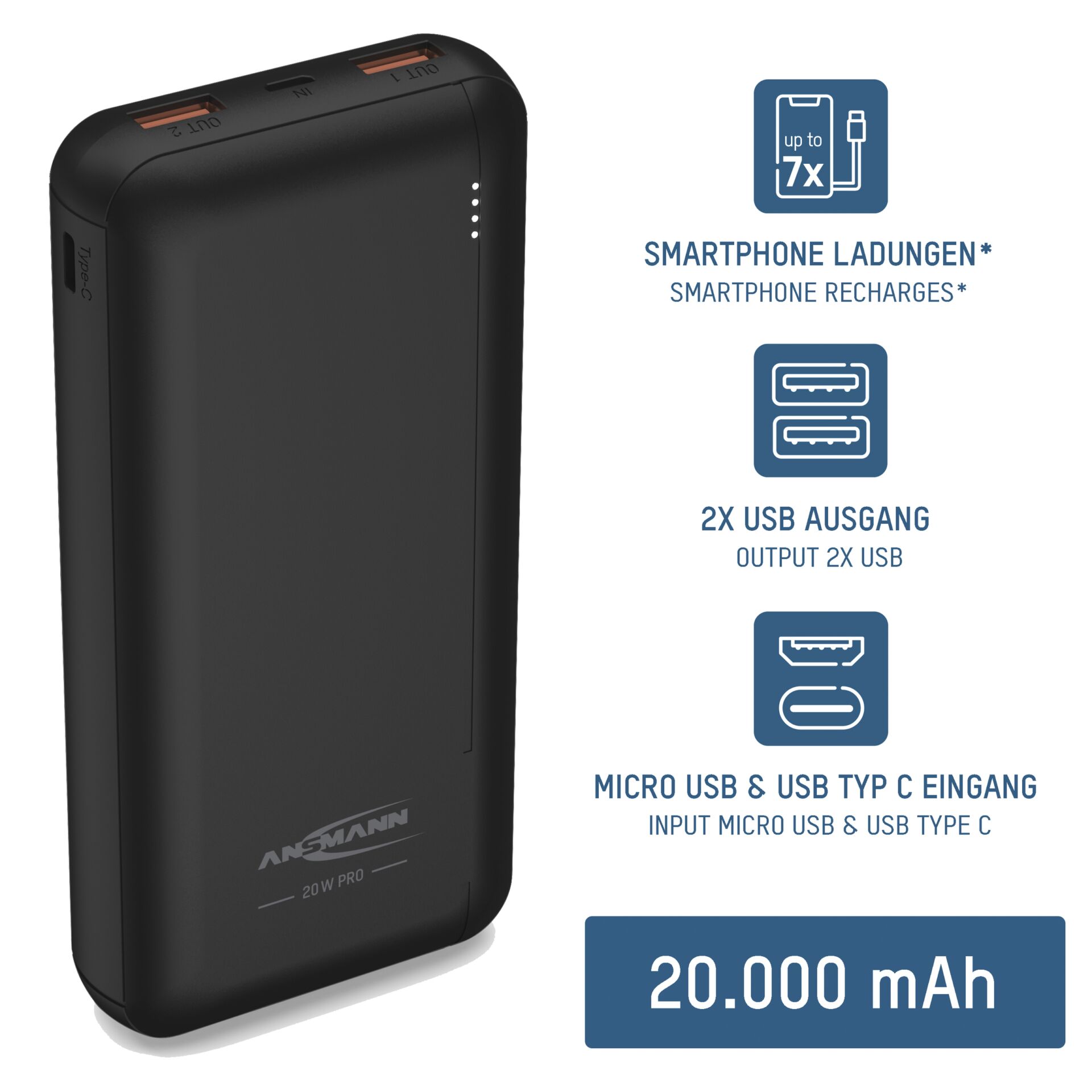 Ansmann Powerbank 20.000 mAh PB320PD USB-C Ein/Ausg.1700-014