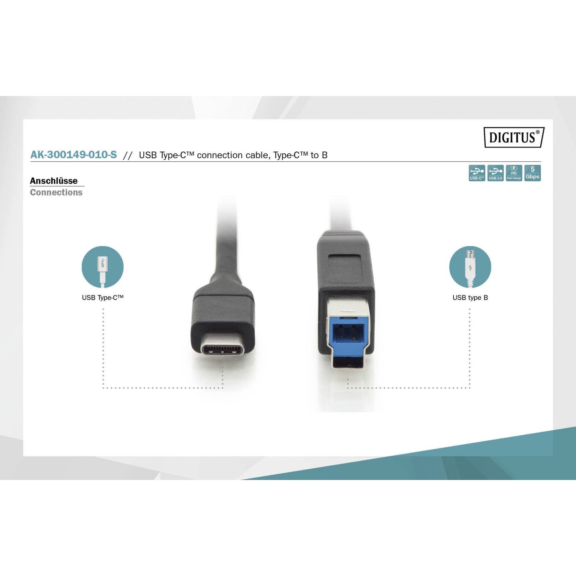 DIGITUS USB Type-C Cable Gen2 Type-C to B