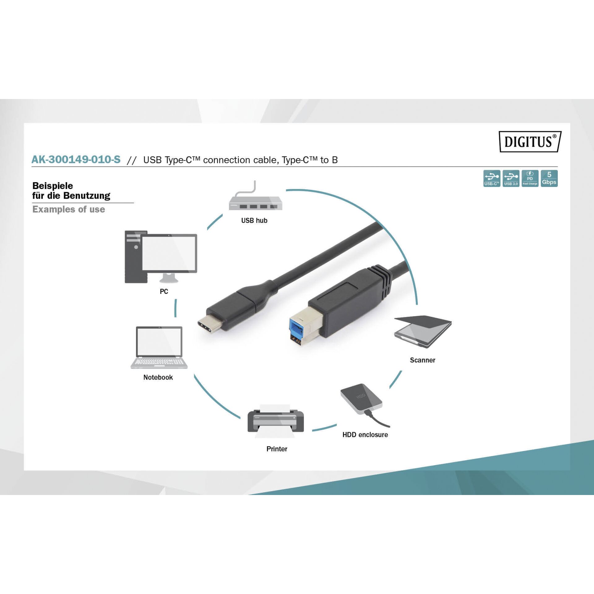 DIGITUS USB Type-C Cable Gen2 Type-C to B