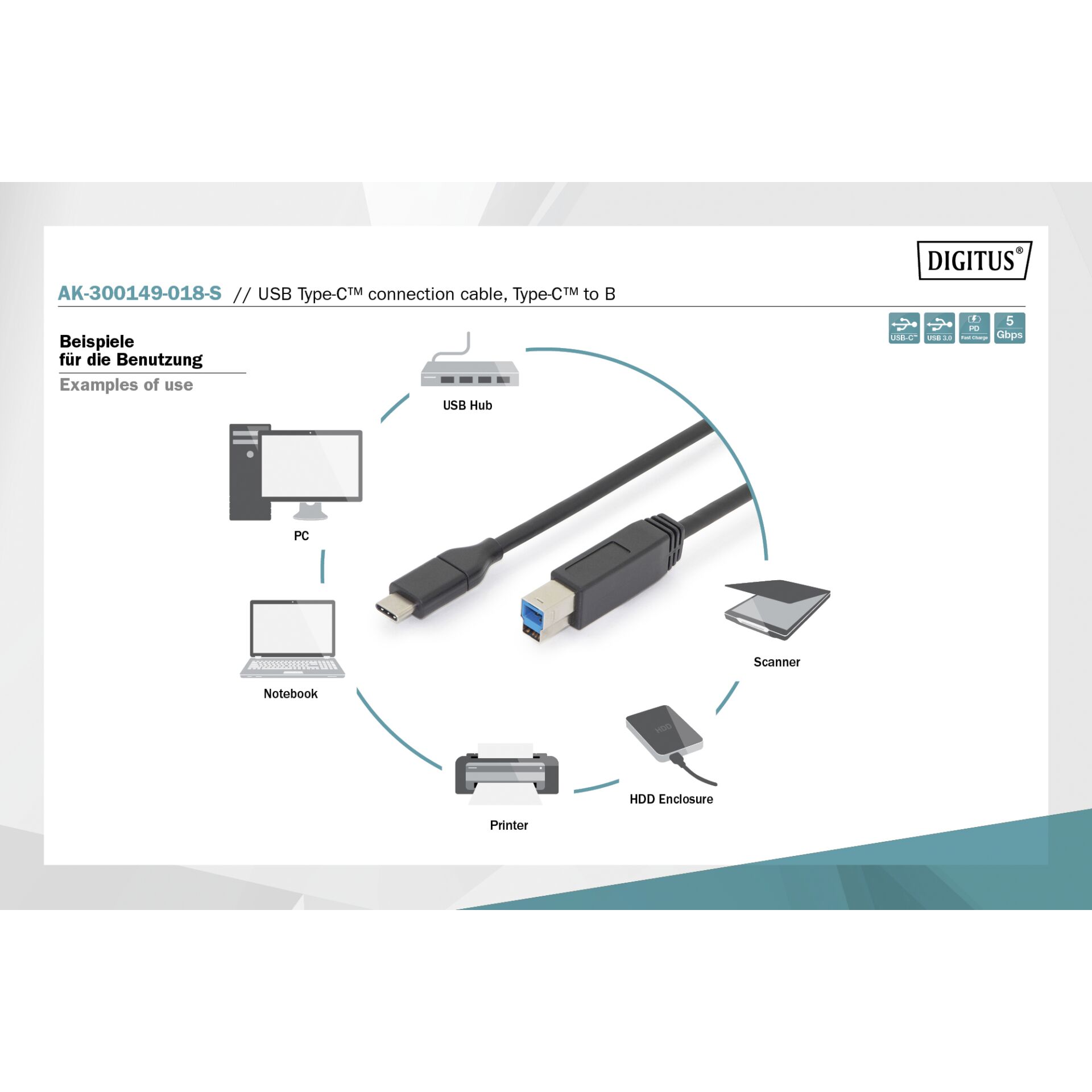 DIGITUS USB Type-C Cable Type-C to B